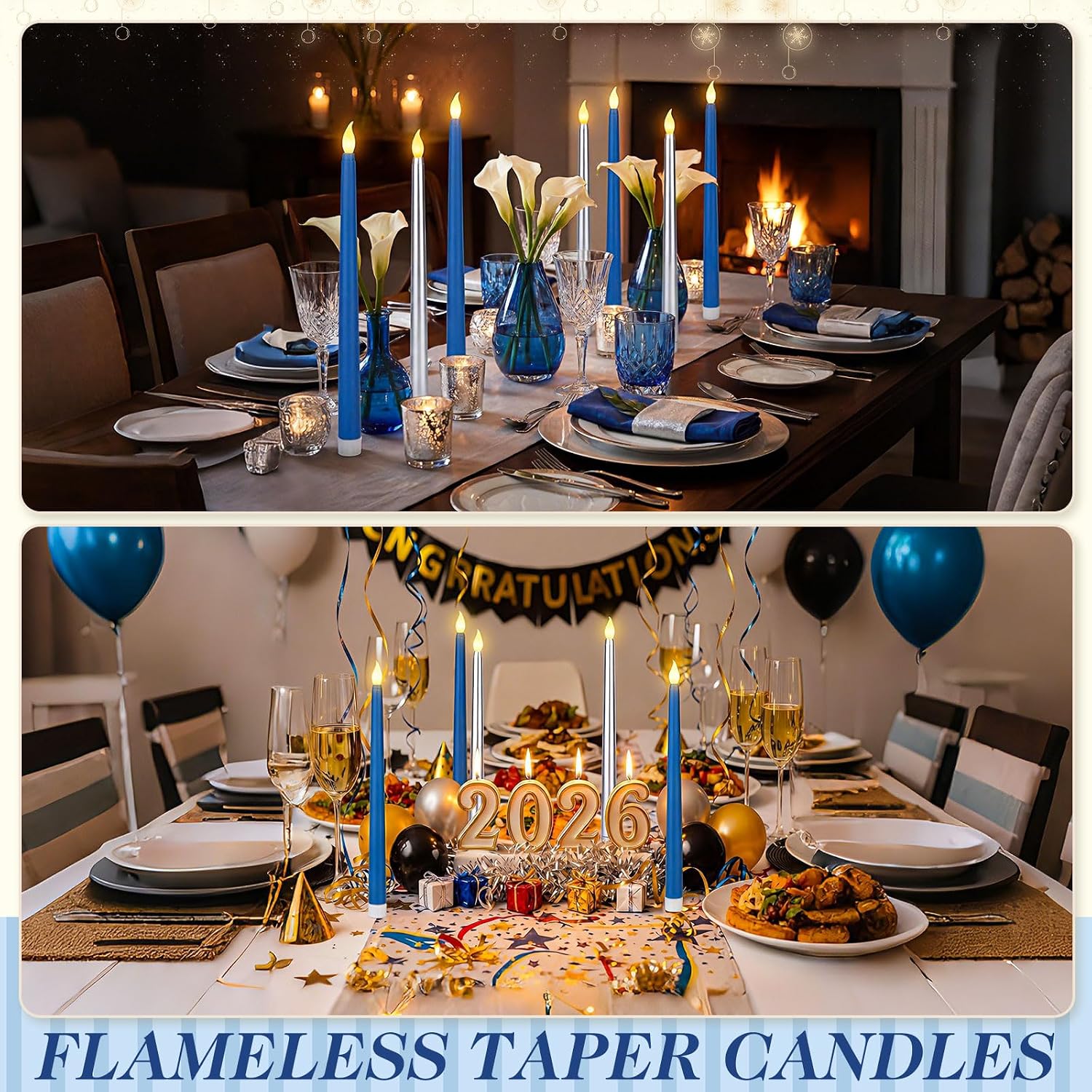 Baquler 6 Pcs 11'' Blue Silver Flameless Taper Candles Battery Operated Candle LED Plastic Flickering Candlesticks for Birthday Wedding Baby Shower Graduation Prom Dinner Home Party Decor