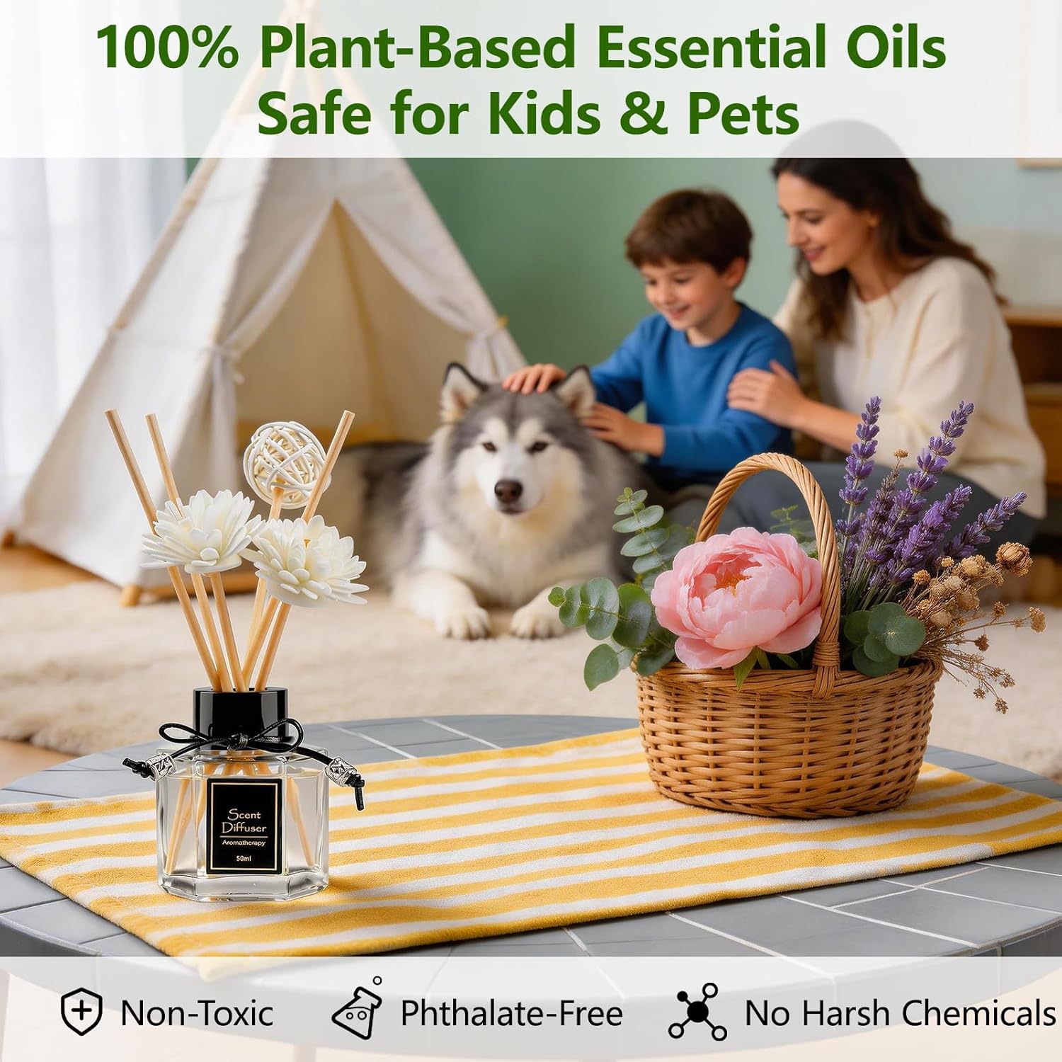 Shangri-La Reed Diffuser 1.7 fl oz | Long-Lasting Natural Home Fragrance | Non-Toxic Essential Oil with 6 Scent Sticks for Bathroom, Bedroom & Living Room | Plant-Based Air Freshener