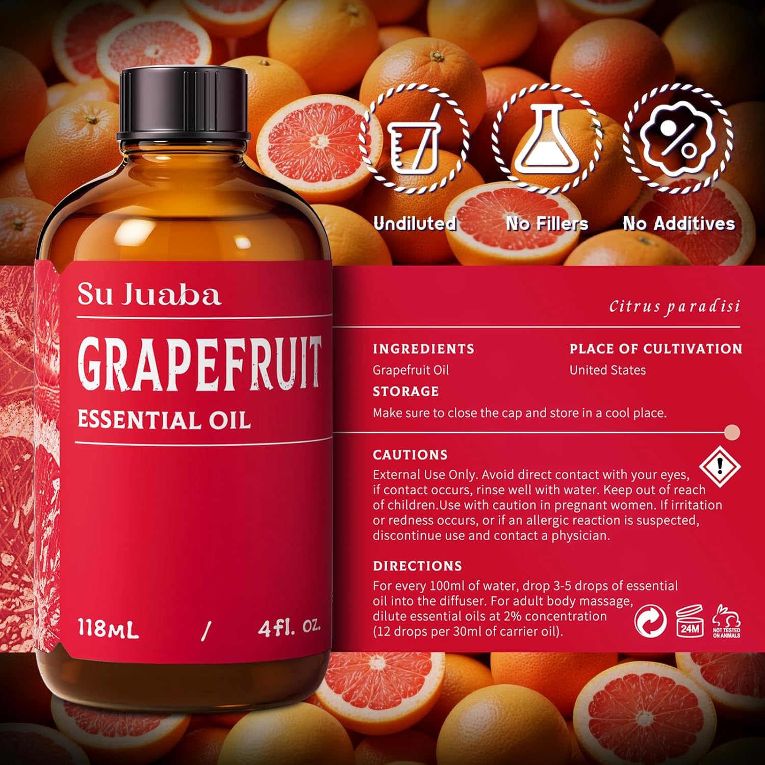 SU JUABA Grapefruit Essential Oil 4 Fl Oz, 100% Pure Natural for Massage, Diffuser, Aromatherapy, Hair & Skin Care - 118ML