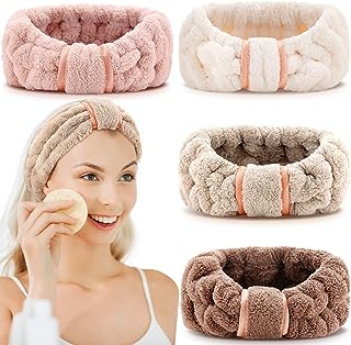 WILLBOND 4 Pack Microfiber Headbands Spa Facial Headbands Makeup Head bands Elastic Terry Cloth Head Wrap for Women Girls Washing Face Makeup Shower Yoga Sports(Coffee, Khaki, Pink and White)