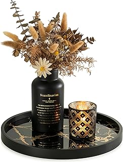 Hanobe Decorative Tray for Home Decor: Black Imitation Marble Round Serving Tray 11.8" Modern Coffee Table Centerpiece for Display Bar Table Living Room Entryway Kitchen Corner