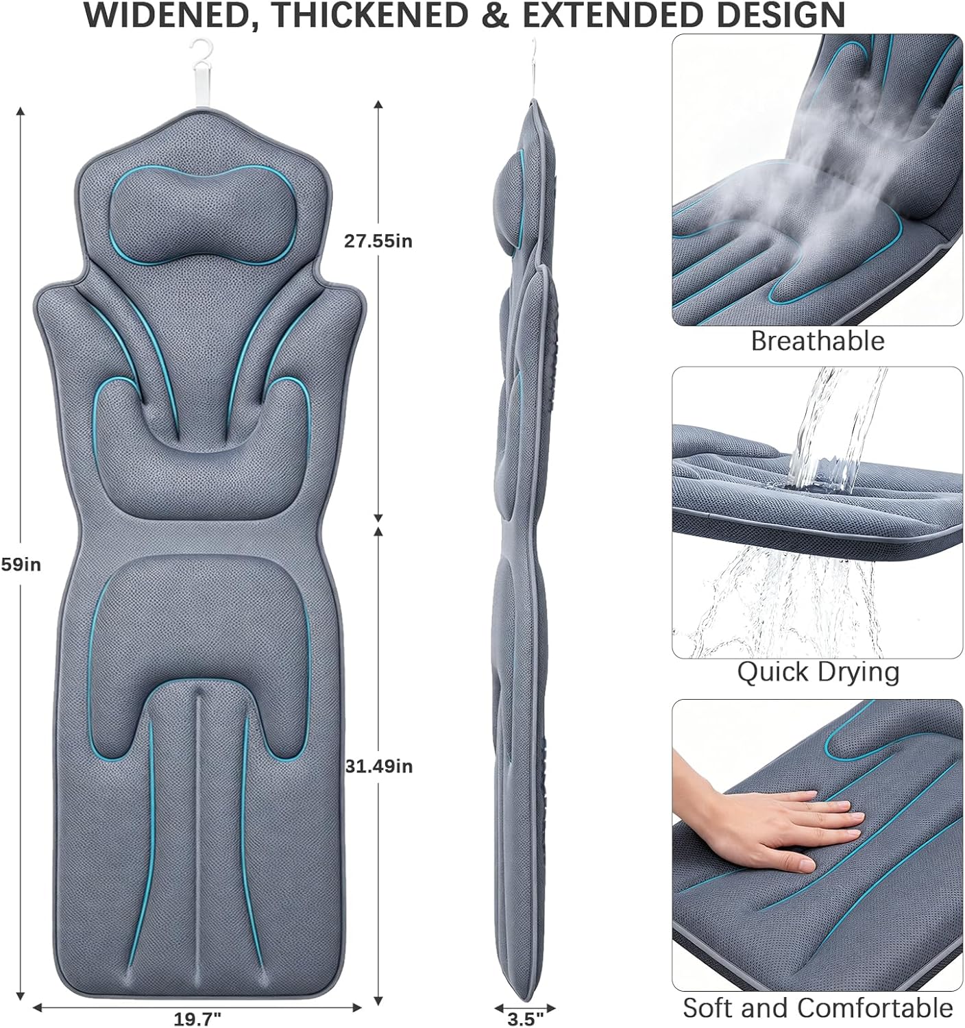 Luxury Full Body Bath Pillow for Bathtub, Extra Long & Wide 3.7" Ultra-Thick Ergonomic Spa Cushion, 5D Air Mesh Tub Pillow with 114 Suction Cups, Washable with Laundry Bag & Hook, 59 x 20 in