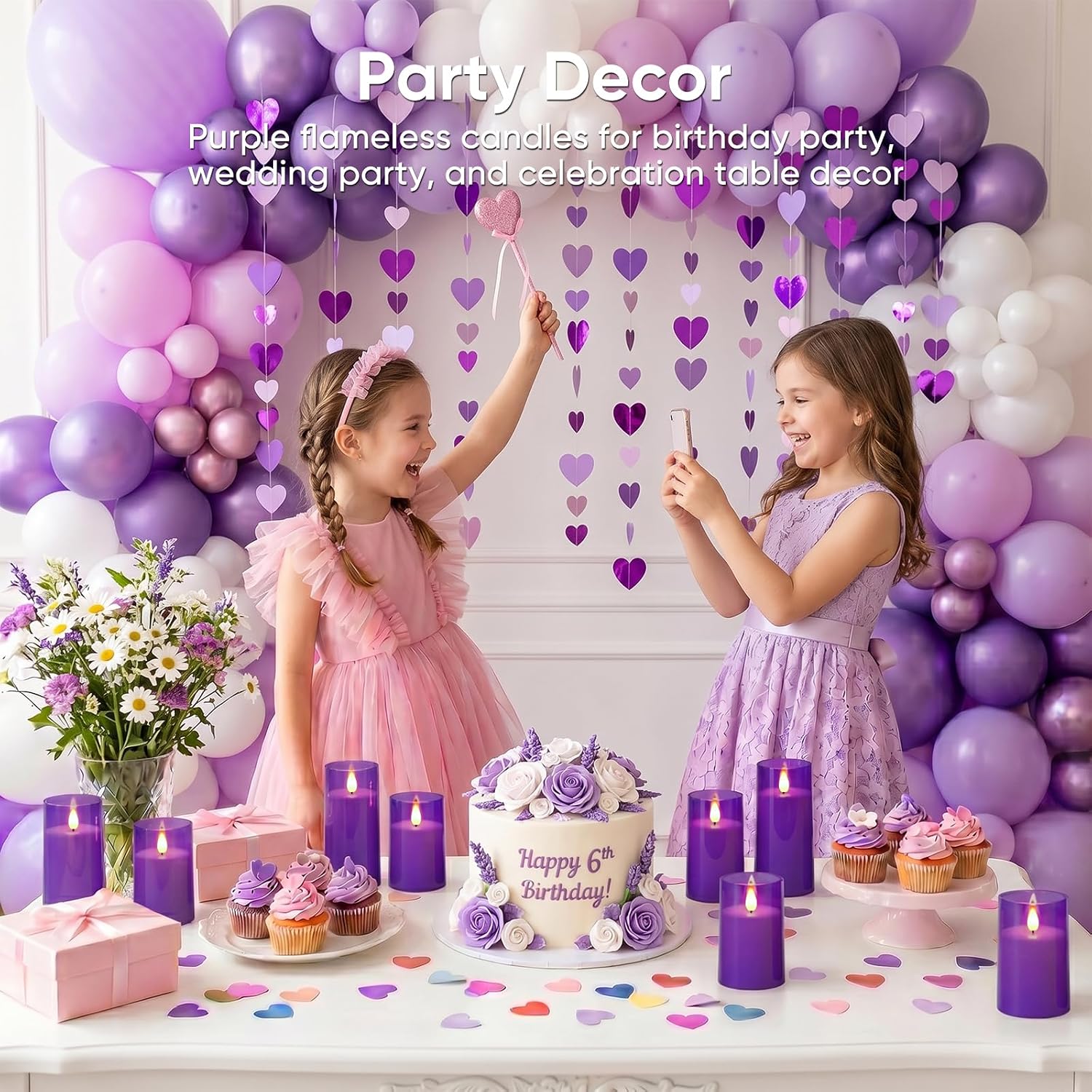 Homemory Purple Flameless Candles, Flickering Battery Operated LED Pillar Candles with Remote Timer, Acrylic Violet Fake Candles, Decorative Candles for Home Wedding Party Halloween Decor, Set of 3