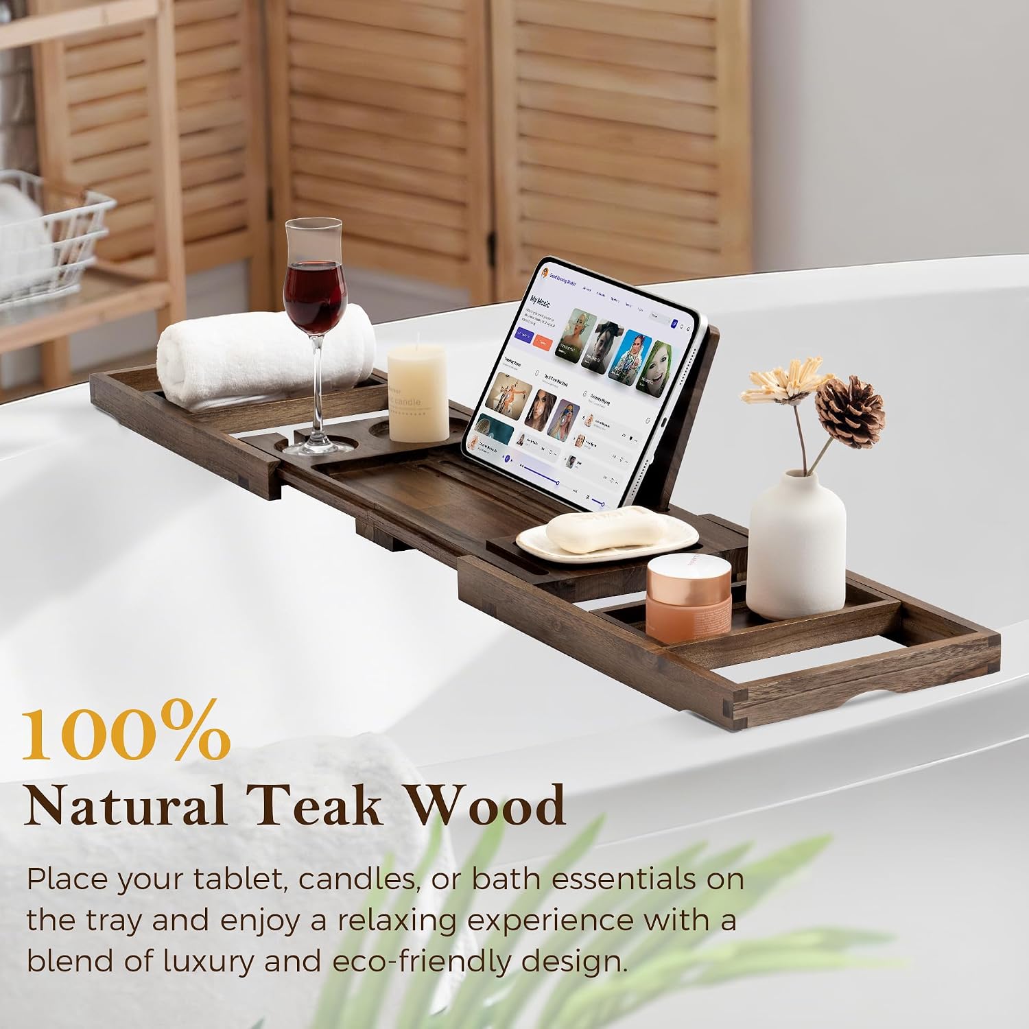 Teak Bathtub Tray, Expandable Bath Tray for Tub 28–40in, Foldable Bath Caddy with Wine Holder, Phone & Tablet Stand, Wooden Bathtub Organizer, Luxury Spa Bathroom Accessories Gift - Dark Walnut Finish