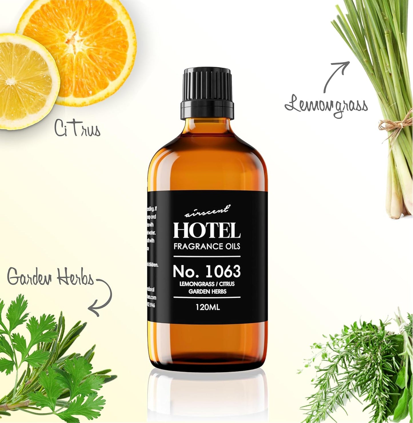 AirScent Hotel Diffuser Oil No. 1063 - Lemongrass Citrus Garden Herbs - Premium Fragrance Oil for Ultrasonic and Waterless Diffusers and Crafting - 10 mL, 0.34 fl oz Glass Dropper Bottle