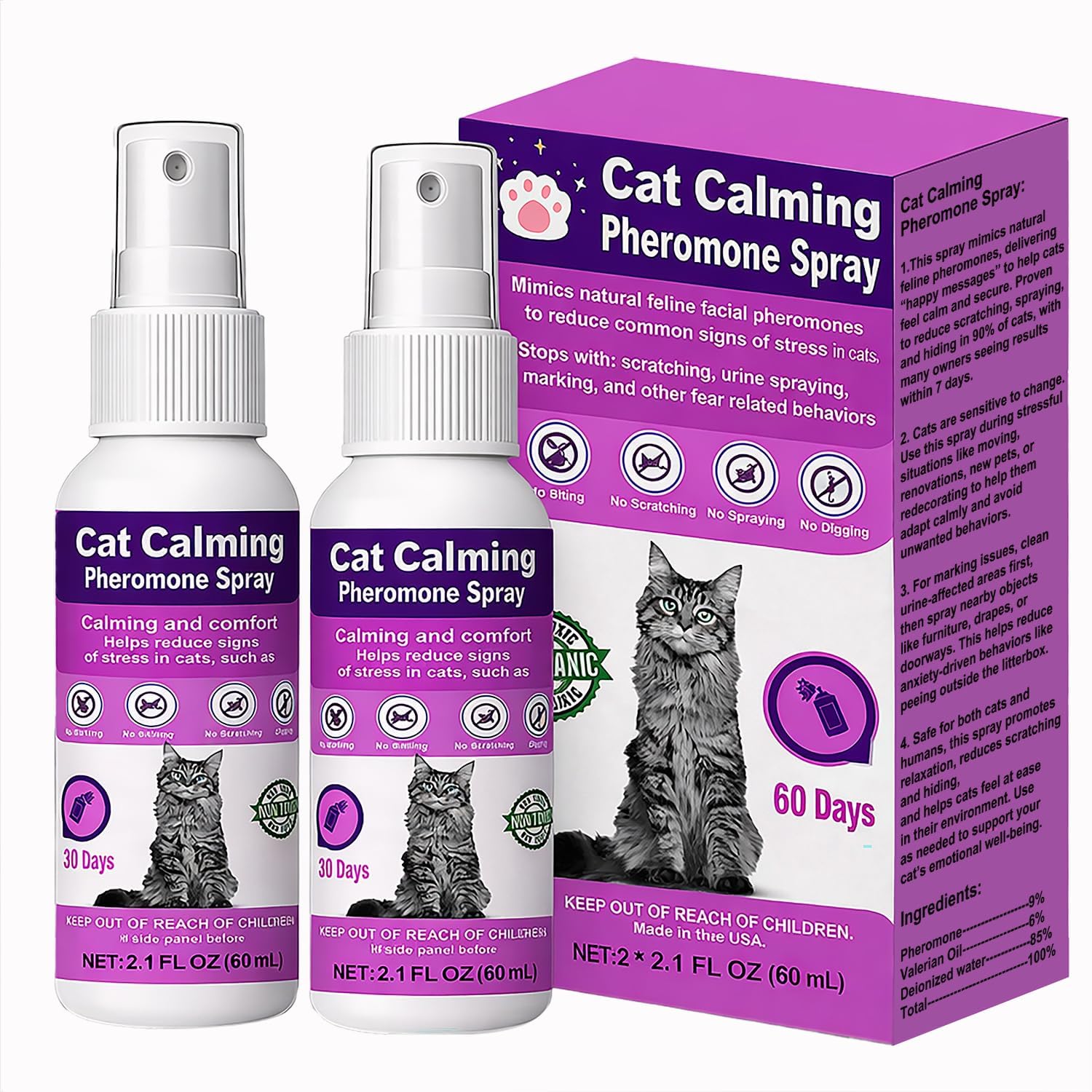 Cat Calming Spray with Pheromones – Anxiety & Stress Relief for Cats – Reduce Scratching Furniture, Urine Marking & Aggression – Calming Aid for Travel, Vet Visits & Home – 60-Day Supply (2 × 60 mL)
