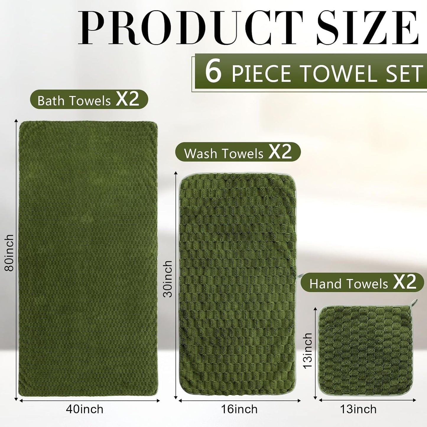 SmoothNovelty Set of 6 Extra Large Bath Towel 40x80 Inches Oversized Bath Sheet 2 Shower Towels 2 Hand Towels 2 Washcloths for Adult Absorbent Quick Dry Bathroom Spa Gym(Cloud Texture,Olive Green)