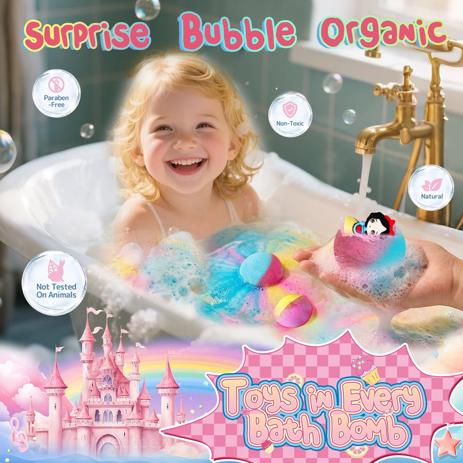 Bath Bombs for Kids: 12 Pcs Princess Bath Bombs with Toys Inside, Kids Bath Bomb Rich in Natural Essential Oils, Organic Bath Bomb Gift Set for Dry Skin Moisturize, Summer Party Favors for Girls