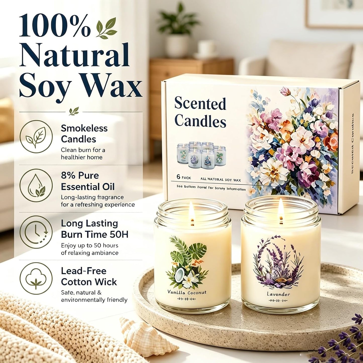 6 Pack Scented Candles Gift Set for Women, Soy Wax Jar Candles for Home, 37.8 oz Total Up to 300 Hours Burn Time, Fresh Scents - Lavender Lemon Mint Ocean Watermelon Vanilla Coconut