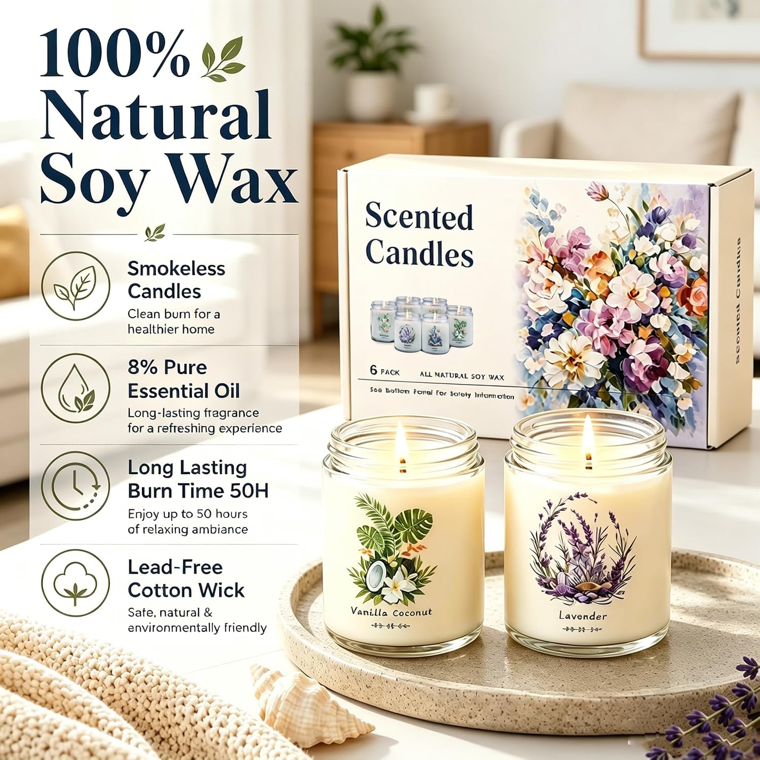 6 Pack Scented Candles Gift Set for Women, Soy Wax Jar Candles for Home, 37.8 oz Total Up to 300 Hours Burn Time, Fresh Scents - Lavender Lemon Mint Ocean Watermelon Vanilla Coconut