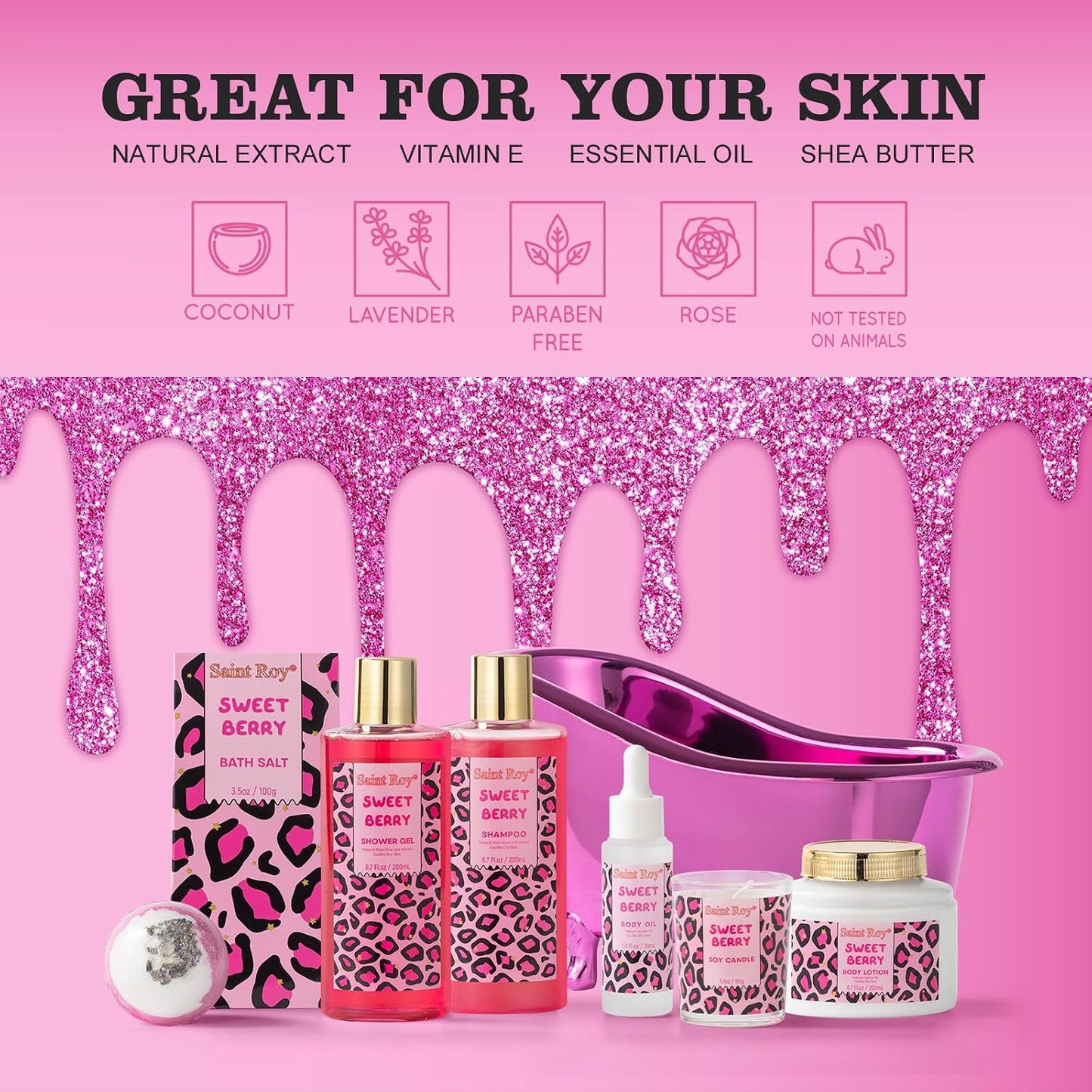 Home Spa Self Care, Bath and Body Spa Gift Basket for Women, Shower Bath Spa Sweet Berry Bath Sets for Teens Gift| Relaxing Care Kit Christmas Mothers Day Gifts for Mom Gift Baskets for Anniversary