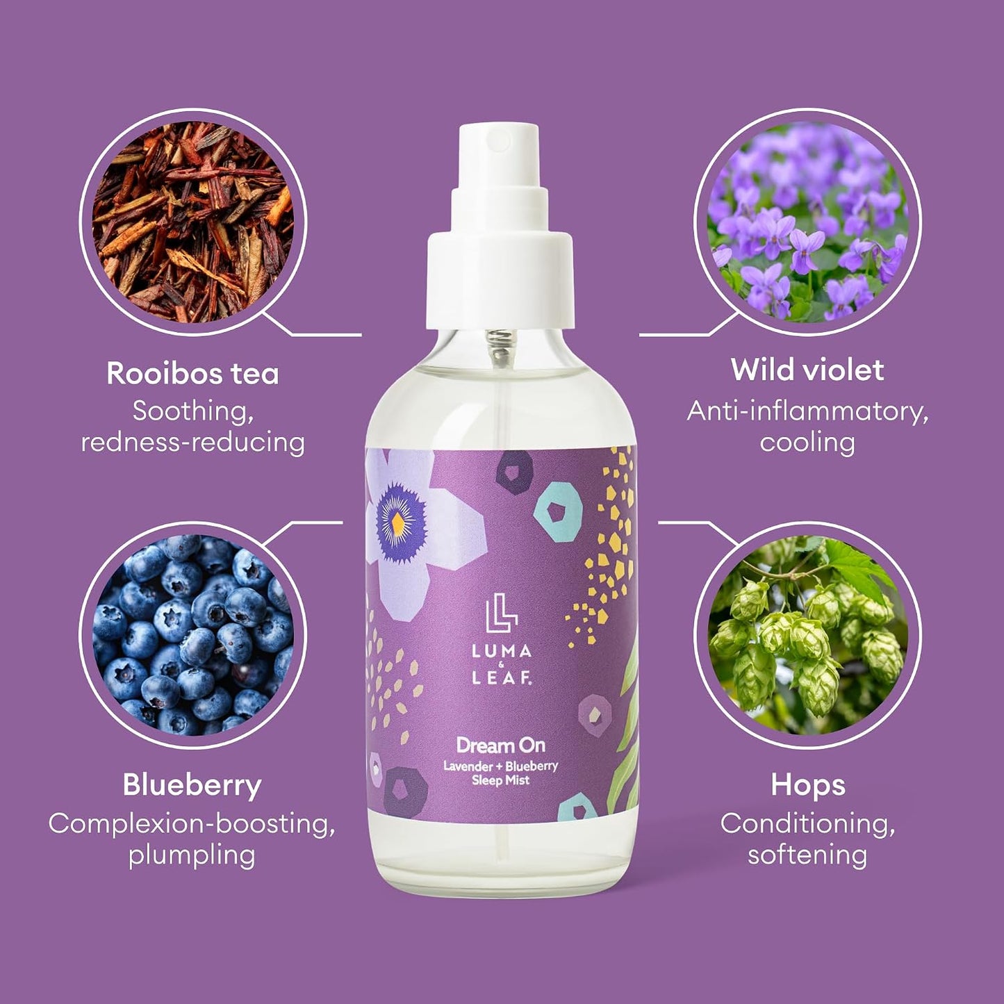 LUMA & LEAF Pillow Spray for Sleep, Lavender Calming Pillow & Face Mist with Blueberry, Soothing Aromatherapy Linen & Room Spray for Relaxation, Natural Vegan Sleep Mist, 4 fl oz