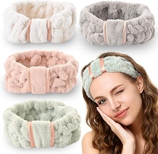 4 Pack Microfiber Towel Headbands for Washing Face, Spa & Skincare for Women (Beige, Flesh Pink, Grey, Green)