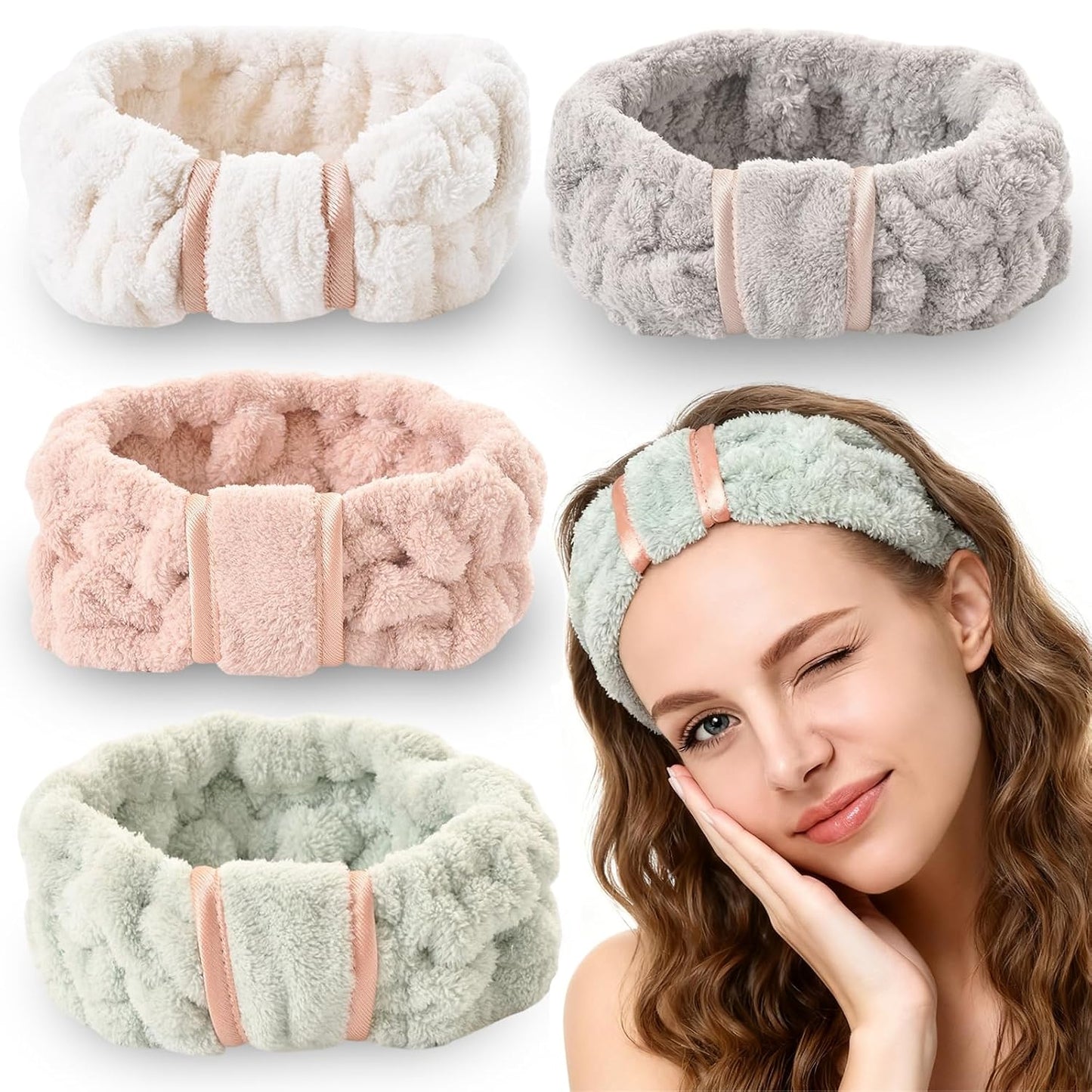 4 Pack Microfiber Towel Headbands for Washing Face, Spa & Skincare for Women (Beige, Flesh Pink, Grey, Green)