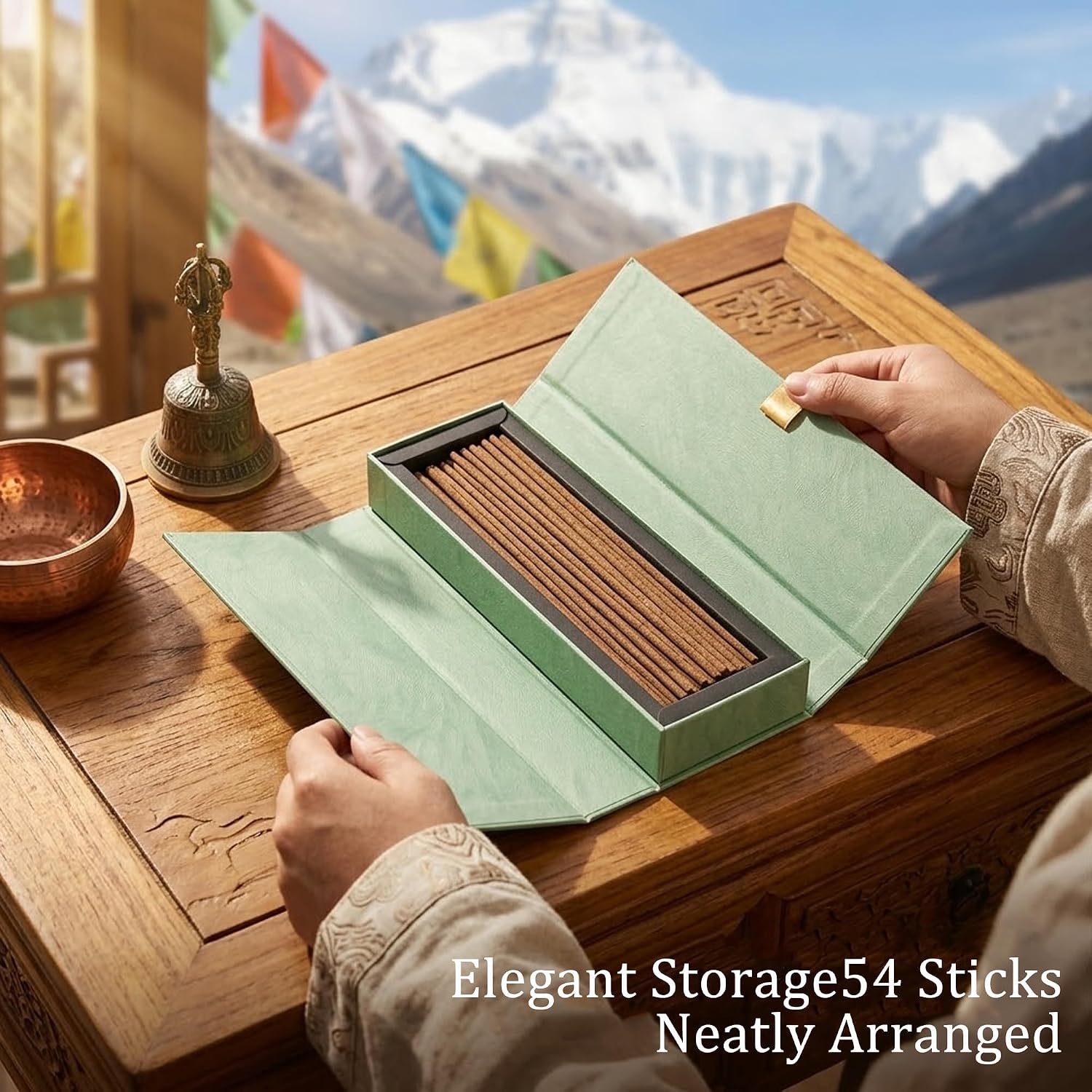 Tibetan Blended Incense Sticks - 100g Natural Herbal Incense for Meditation, Relaxation, Sleep, Handcrafted with 30+ Tibetan Botanicals, 54 Sticks, 21cm, 50 Min Burn Time Light Green Gift Box