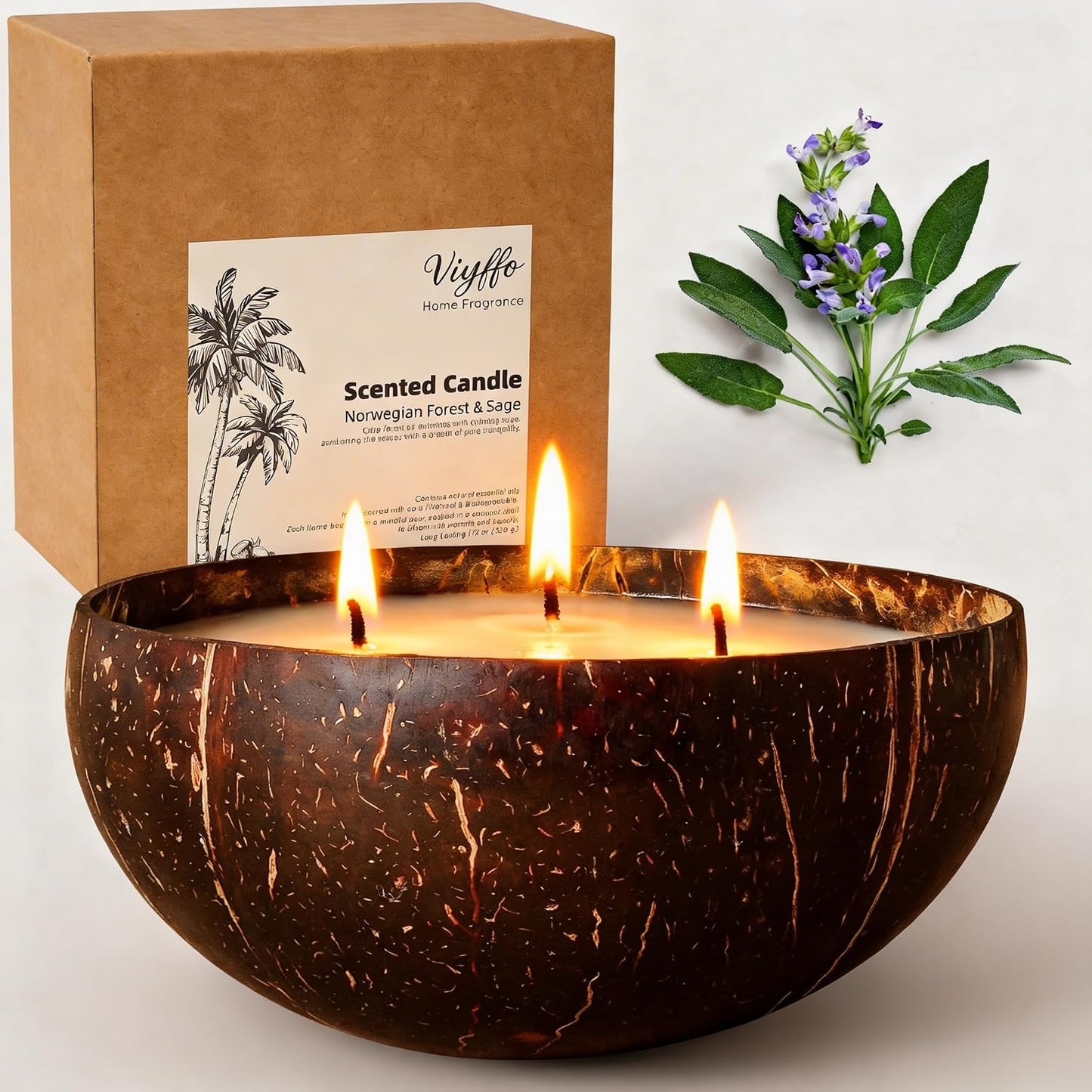 Viyffo Large Non Toxic Soy Candle - Spring Forest & Sage, 18oz 3 Wick Scented Candle for Women & Men, Natural Coconut Shell Jar Perfect for Home Decor & Unique Nature Gift