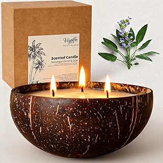 Viyffo Large Non Toxic Soy Candle - Spring Forest & Sage, 18oz 3 Wick Scented Candle for Women & Men, Natural Coconut Shell Jar Perfect for Home Decor & Unique Nature Gift