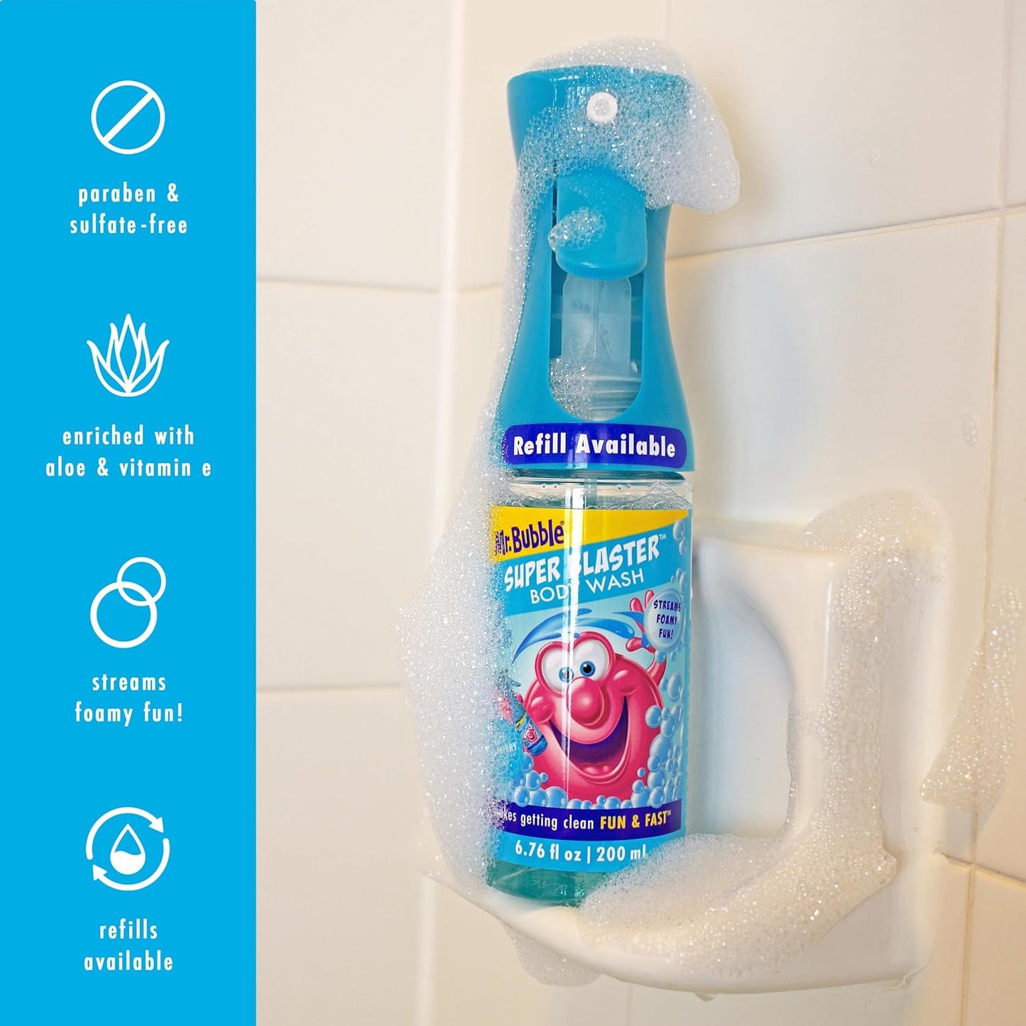 Mr. Bubble Super Blaster Body Wash, Blue Raspberry Blast Scent, Fun Body Wash Sprayer for Kids Shower and Bath, 6.76 fl oz