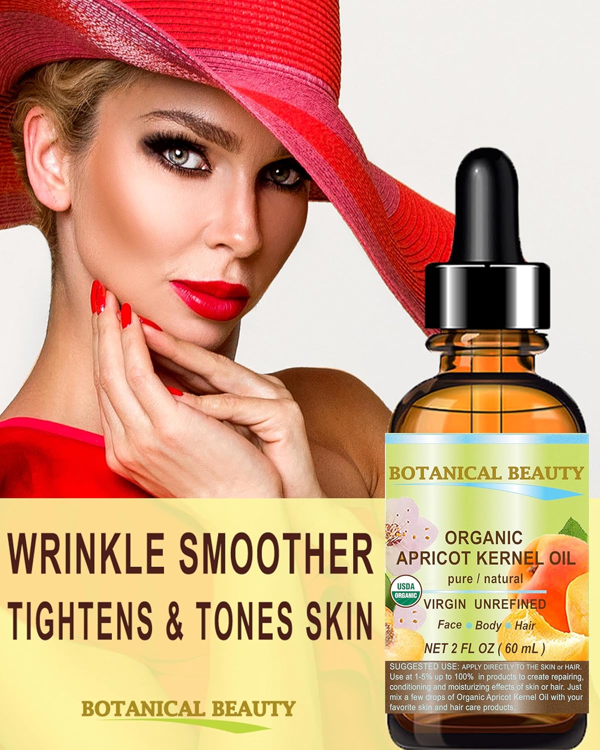 Botanical Beauty ORGANIC APRICOT KERNEL OIL Australian. 100% Pure Virgin Unrefined Cold Pressed Carrier Oil 2 oz- 60 ml. For Face, Hair, Body, Nails, Skin, Anti - aging