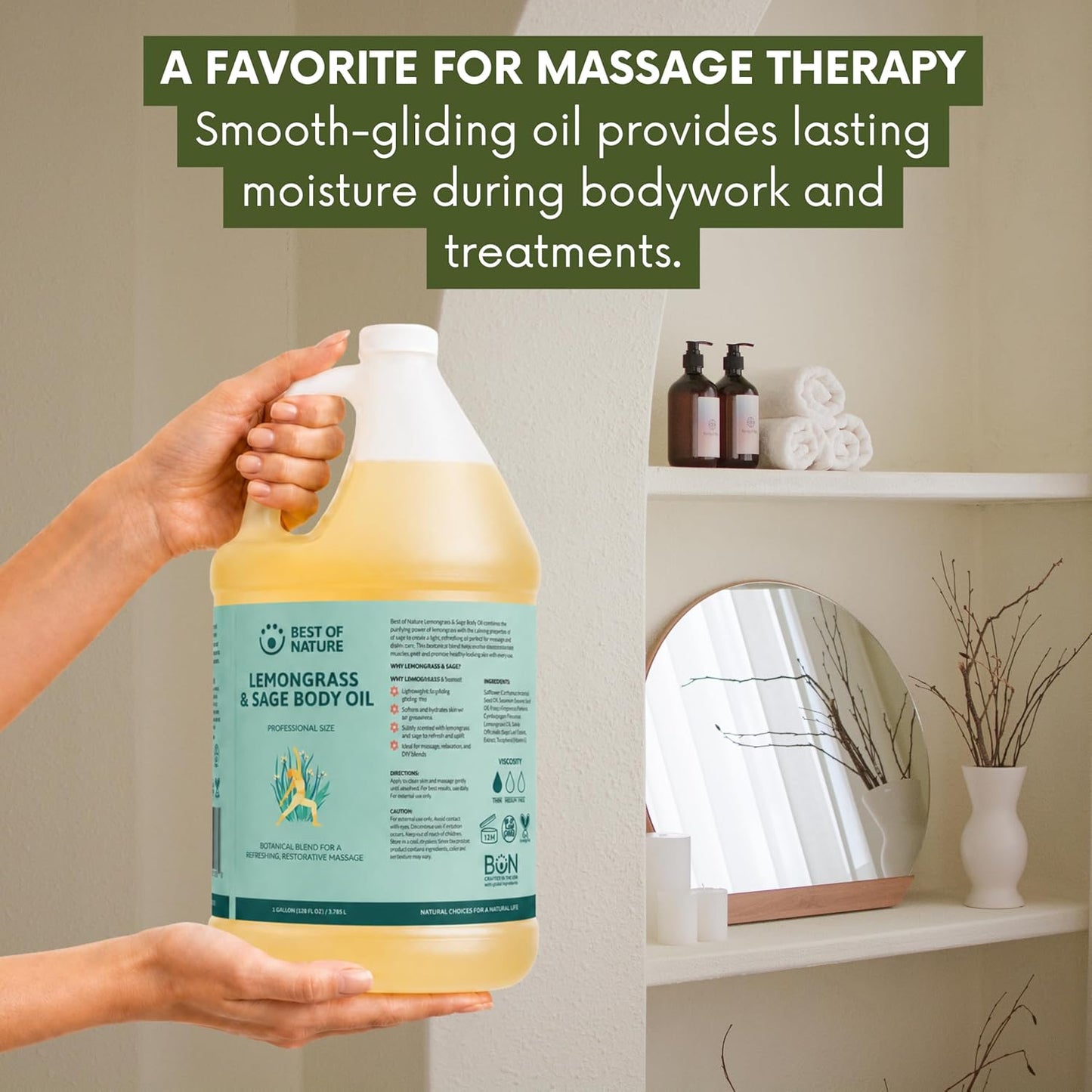 Best of Nature Lemongrass and Sage Massage Oil Blend - Non-Greasy Aromatherapy Massage Oil for Body, Skin & Face, Crafted with Pure Essential Oils, Half Gallon (64 fl oz)