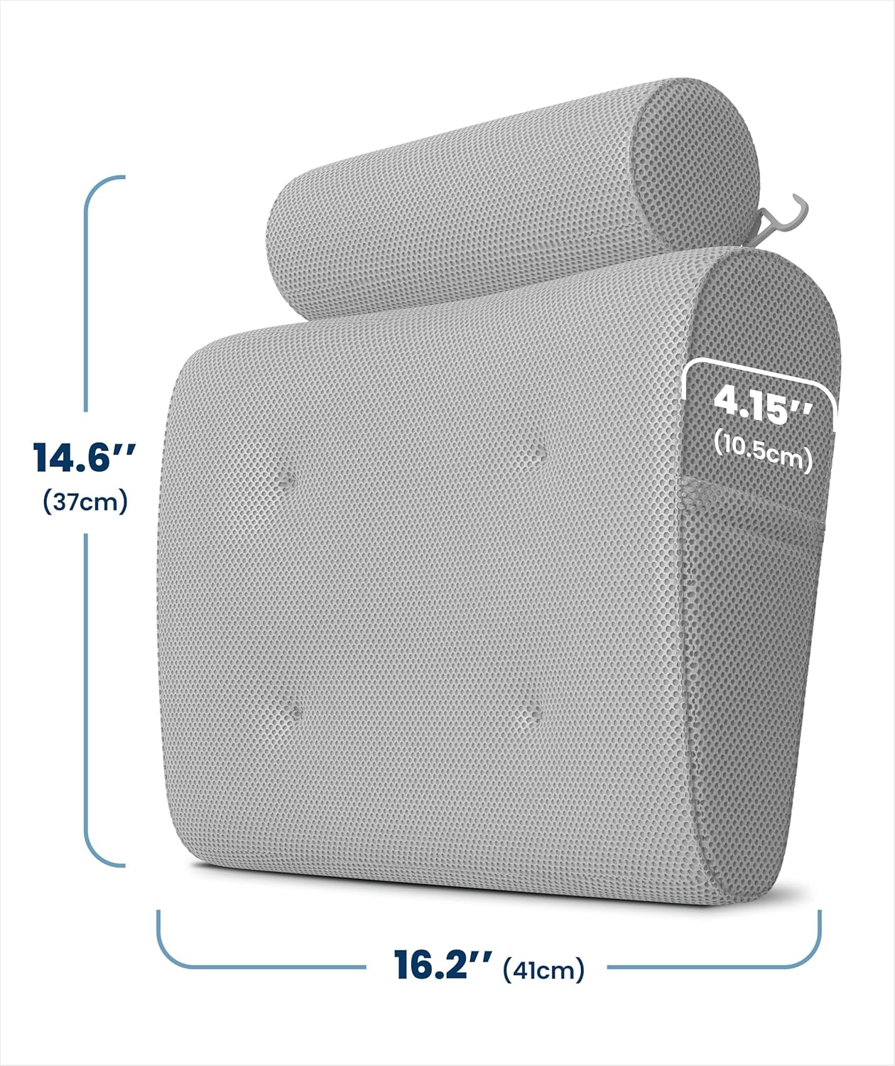 Everlasting Comfort Luxury Bath Pillows for Tub with Head and Neck Support - Non-Slip Bathtub Pillow with Suction Cups, Quick-Drying Mesh & Drying Hook - Jacuzzi & Spa Accessories for Women - Gray