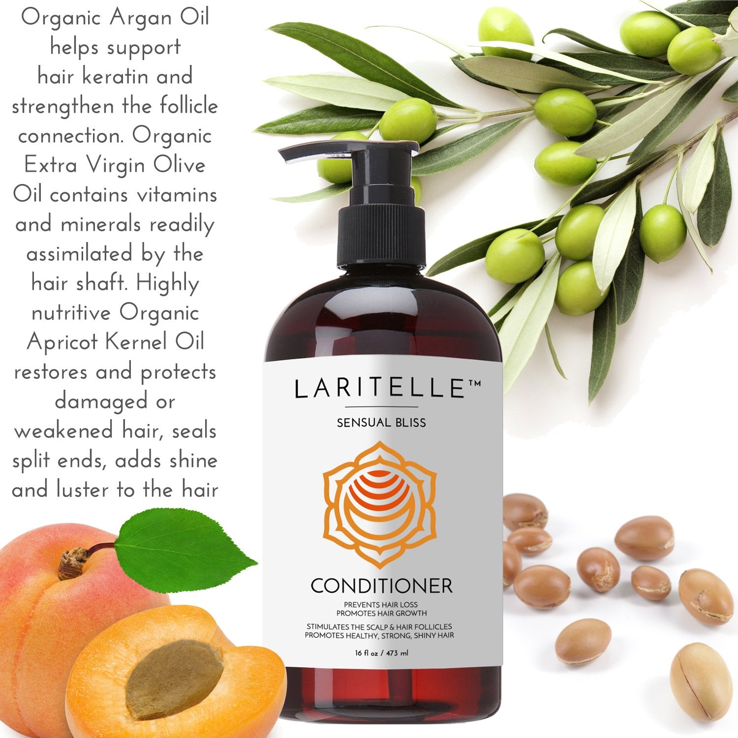 Laritelle Organic Conditioner Sensual Bliss 16 oz | Argan Oil, Babassu, Apricot Kernel & Keratin | Deep Hydration, Anti-Thinning, Sulfate-Free, Vegan