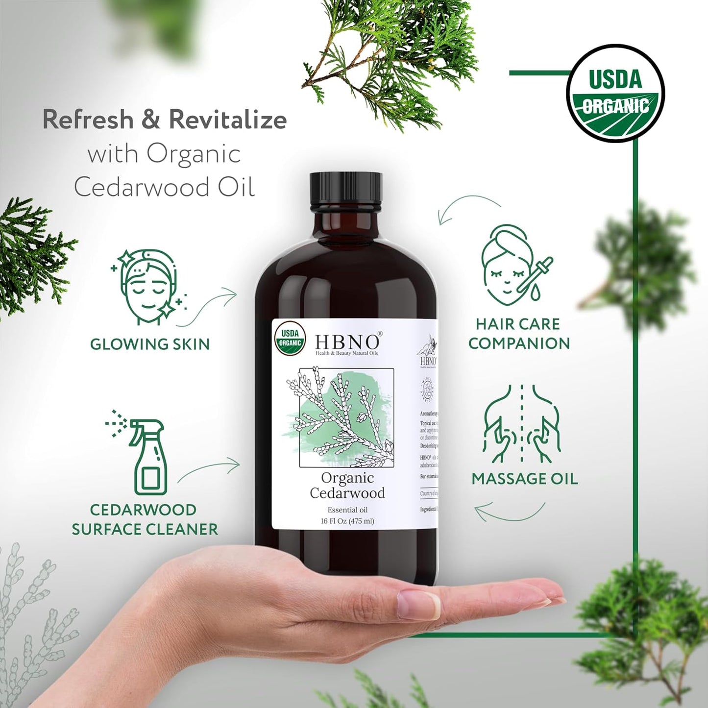 HBNO Organic Cedarwood Oil - Huge 16 oz (475ml) Large Size - Ideal for Diffusers, Cleaning Agents, Deodorizers.