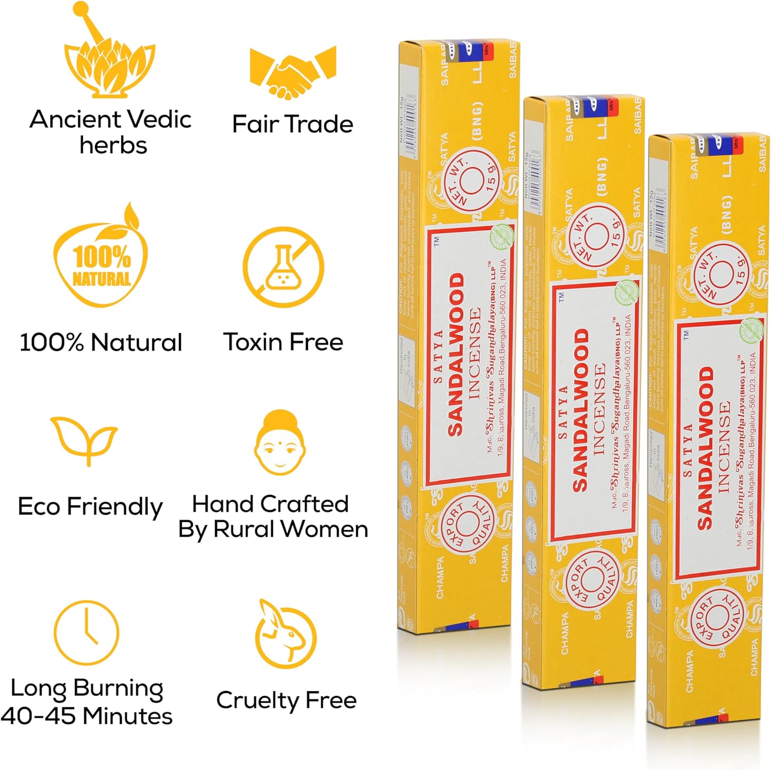 Satya Sandalwood Incense Sticks, Satya Bng Insens 15gmx12 Pack with Raajsee Insence Holder Bundle, Satya Nagchampa Natural Incence