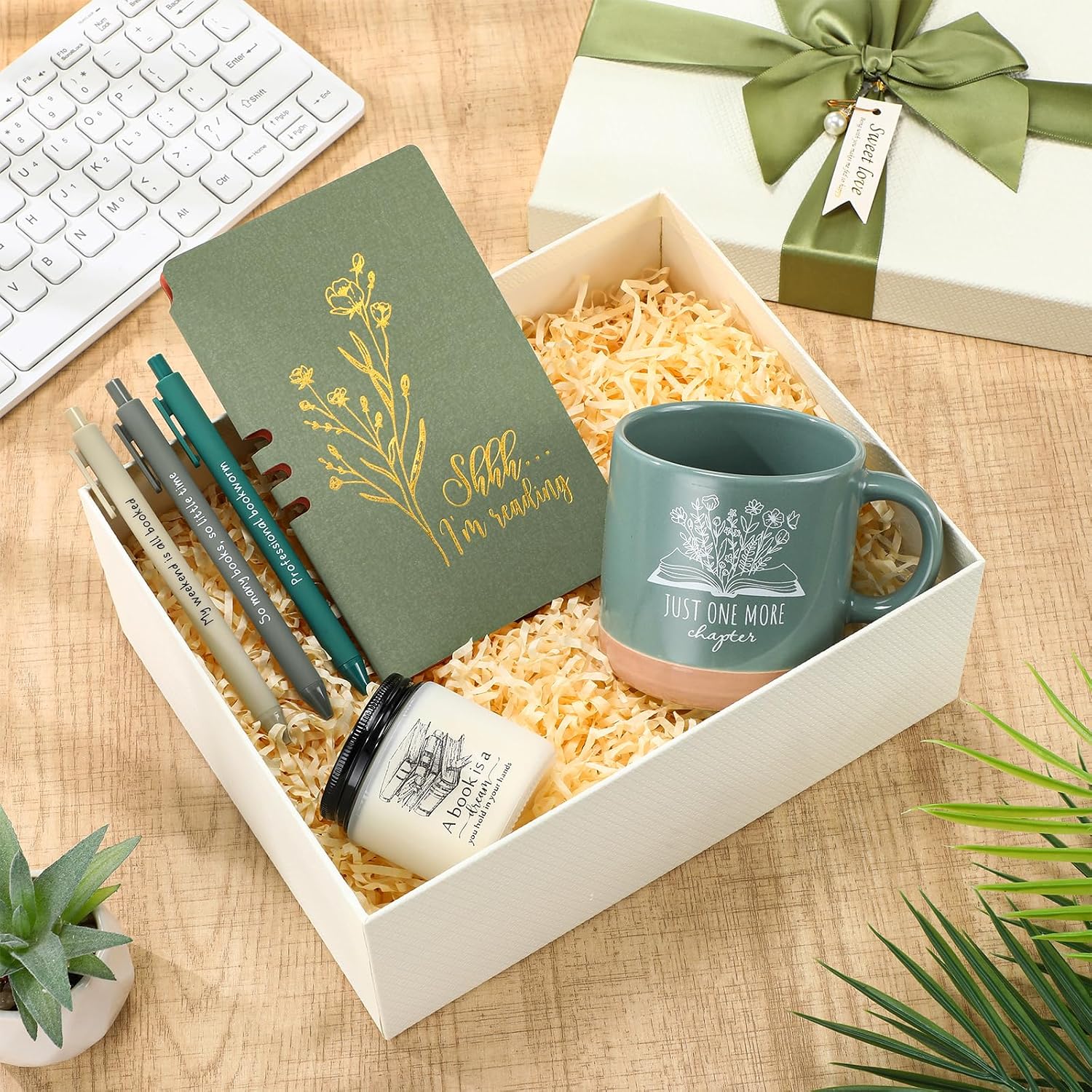 Baderke Book Lover Gifts for Women Men 6 Pcs Bookish Reading Accessories A6 Notebook Ballpoint Pen Ceramic Cup Candle Book Club Gift for Bookworm Reader Librarian Teacher(Green)