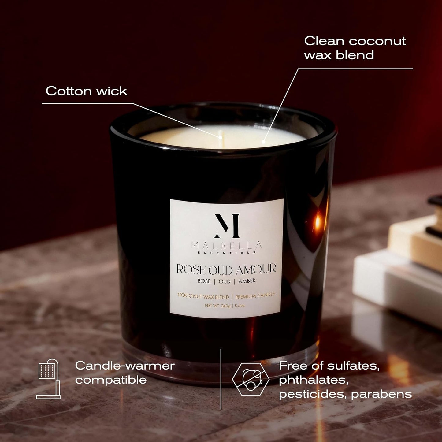 Rose Oud Amour Luxury Scented Candle for Women & Men | 8.5 oz Hand-Poured Coconut Wax Blend | Modern Self-Care Aromatherapy Candle | 50 Hr Burn | Gift-Ready Glossy Glass Vessel