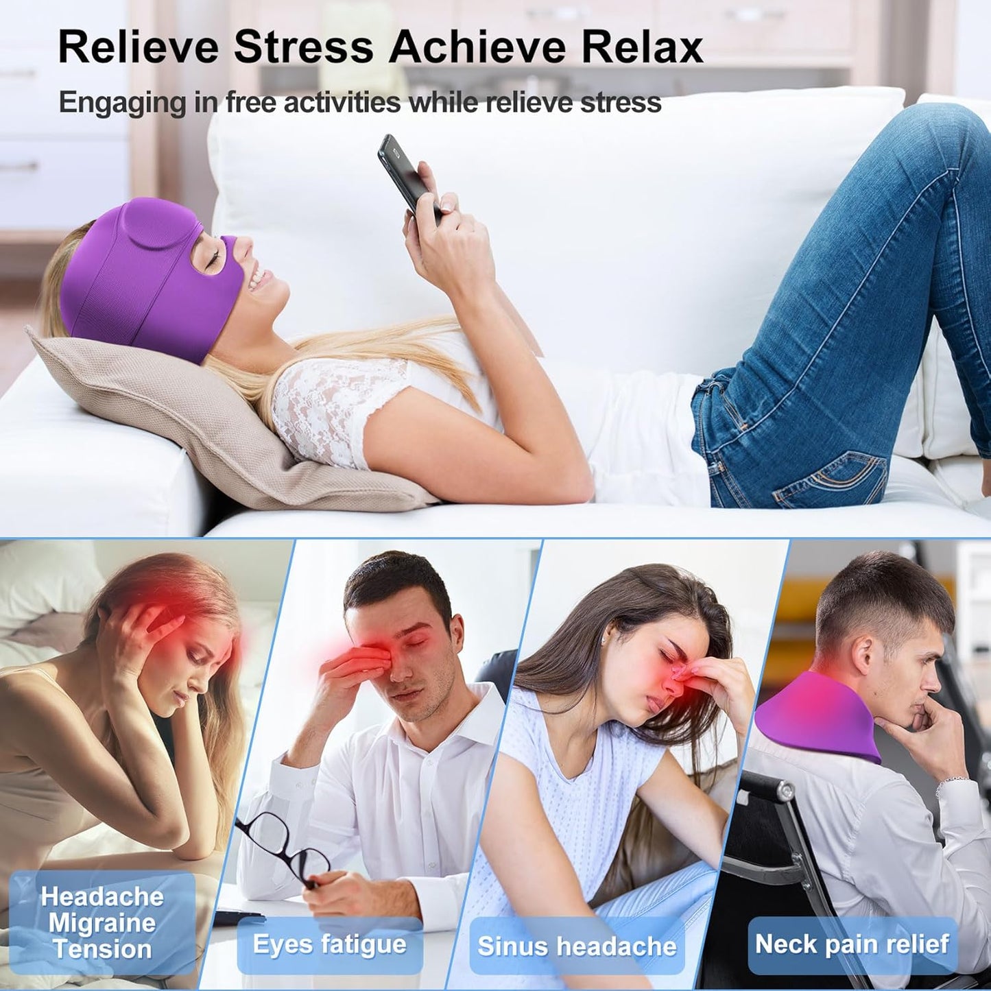 2 in 1 Migraine Relief Cap with Gel Eye Mask, Headache Relief Cap Ice Head Wrap Hot and Cold Therapy Hat Gift for Women for Headache Puffy Eyes Sinus and Tension Stress Relief (Purple)