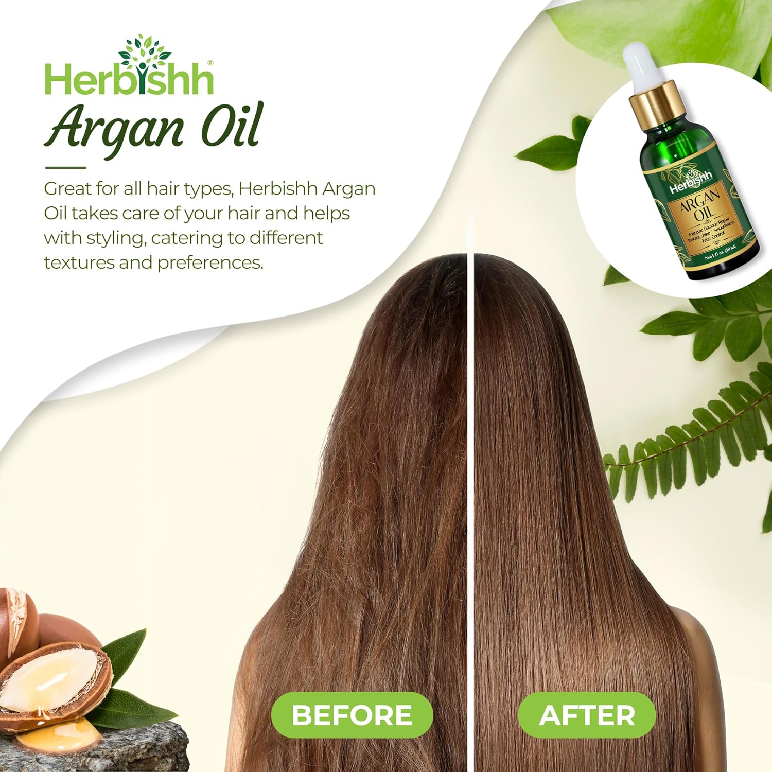 Herbishh Moroccan Argan Oil for Hair 30ml – Hair Serum for Frizz Control & Shine, Damaged Hair Treatment & Split End Repair, Heat Protectant Leave In Serum, Lightweight Non-Greasy Hair Growth Oil