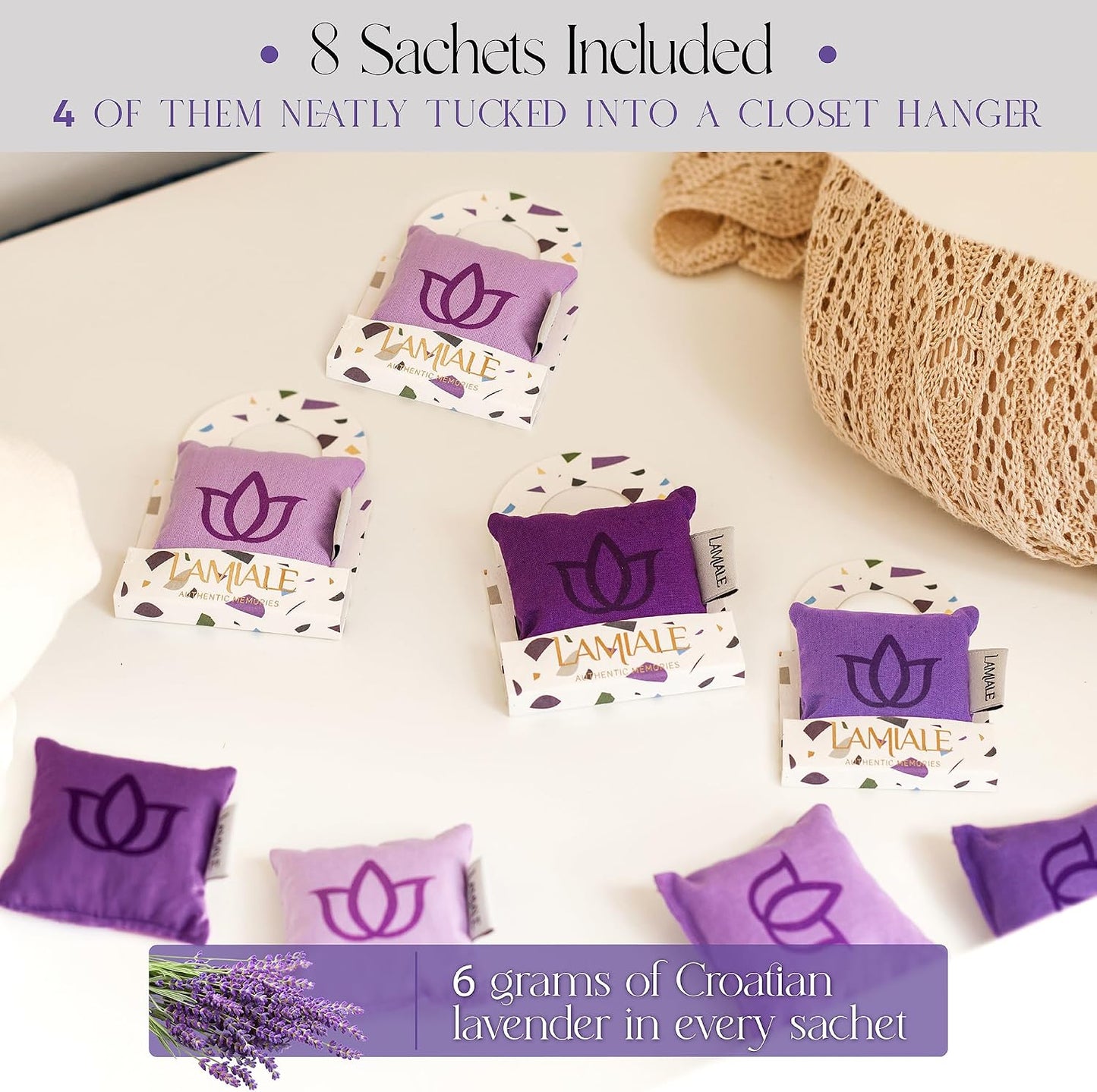 Lamiale Croatian Lavender 8 Scented Sachets for Drawers and Closets – Handmade Sachets, Natural Air Freshener, Moth Repellent, Ideal Gift for Her, Valentine's Day, Housewarming, Mother's Day.