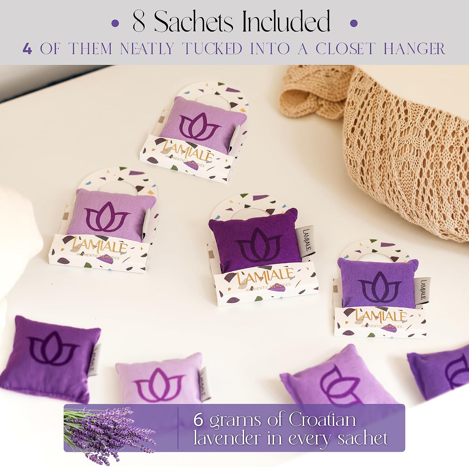Lamiale Croatian Lavender 8 Scented Sachets for Drawers and Closets – Handmade Sachets, Natural Air Freshener, Moth Repellent, Ideal Gift for Her, Valentine's Day, Housewarming, Mother's Day.