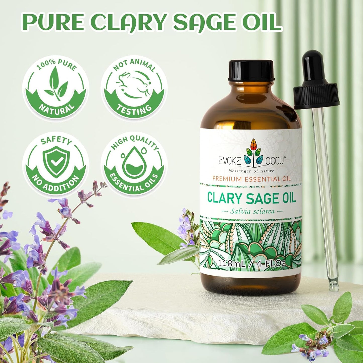 EVOKE OCCU Clary Sage Oil Essential Oil for Relaxation, Moisturize Skin, Air Freshening, Add to Spray and Diffuser - 4 FL Oz