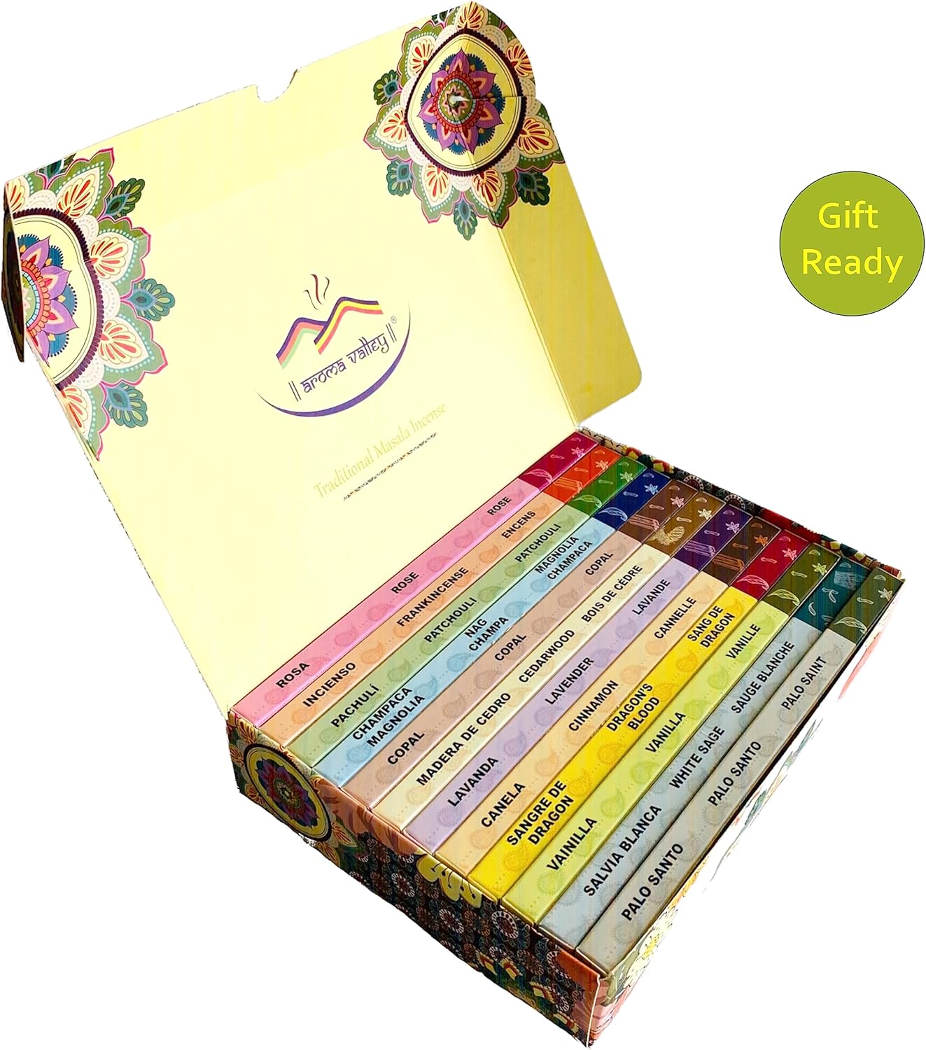 Incense Sticks Gift Set by Aroma Valley - Mega Variety Pack Assortment - 100 Sticks Includes 12 Different scents - Premium Handrolled Traditional Masala Incense