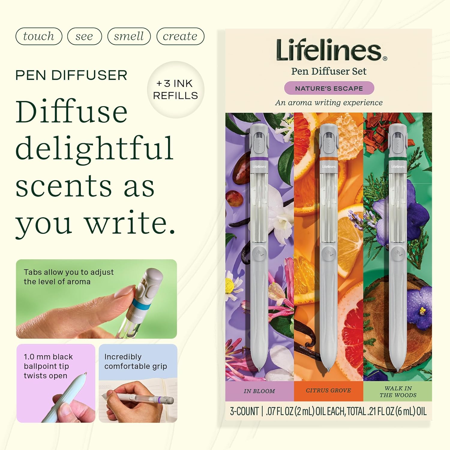 Lifelines Pen Diffuser Set, Nature's Escape 3-Pack – 1mm Black Ballpoint Pens with Scented Essential Oil Blends – Aromatherapy Diffuser & Sensory Immersion Diffuse Aroma As You Write