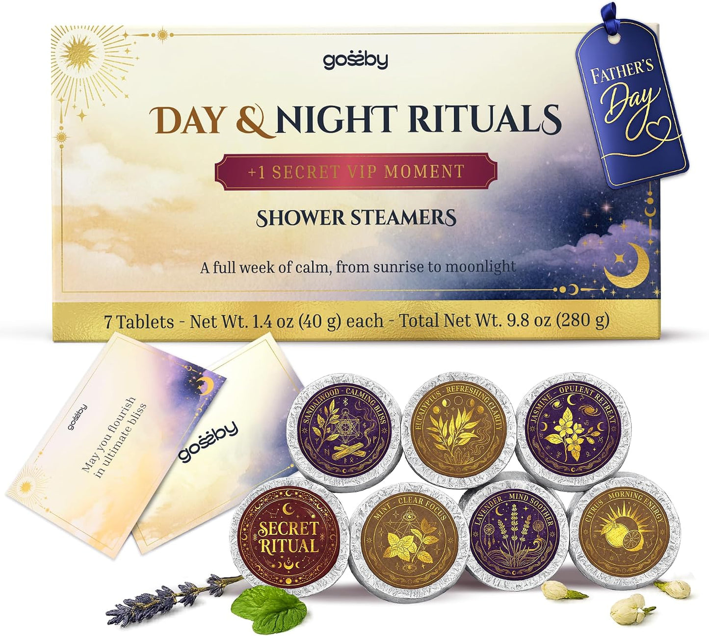 GOSSBY Shower Steamers Aromatherapy (7 Pcs) - Fathers Day Gift for Dad Husband, Birthday Gift for Men & Women, Natural Essential Oils, Self Care Relaxation Stress Relief Home Spa - Day & Night Rituals