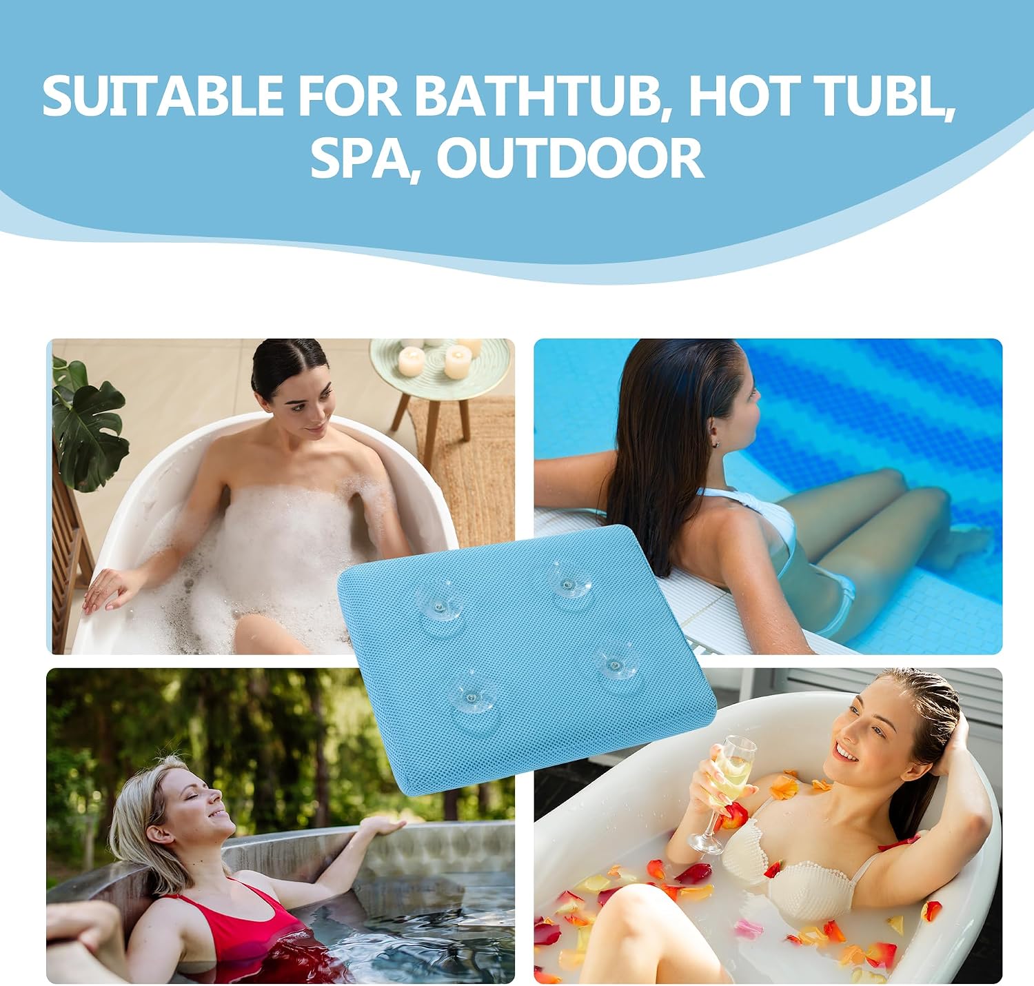 MABOZOO Bath Cushion for Tub with Powerful 4 Non-Slip Suction Cups,Quick Dry Mesh Bathtub Mat,Spa Pillow Bath Accessories for Adults Indoor Outdoor (Blue)