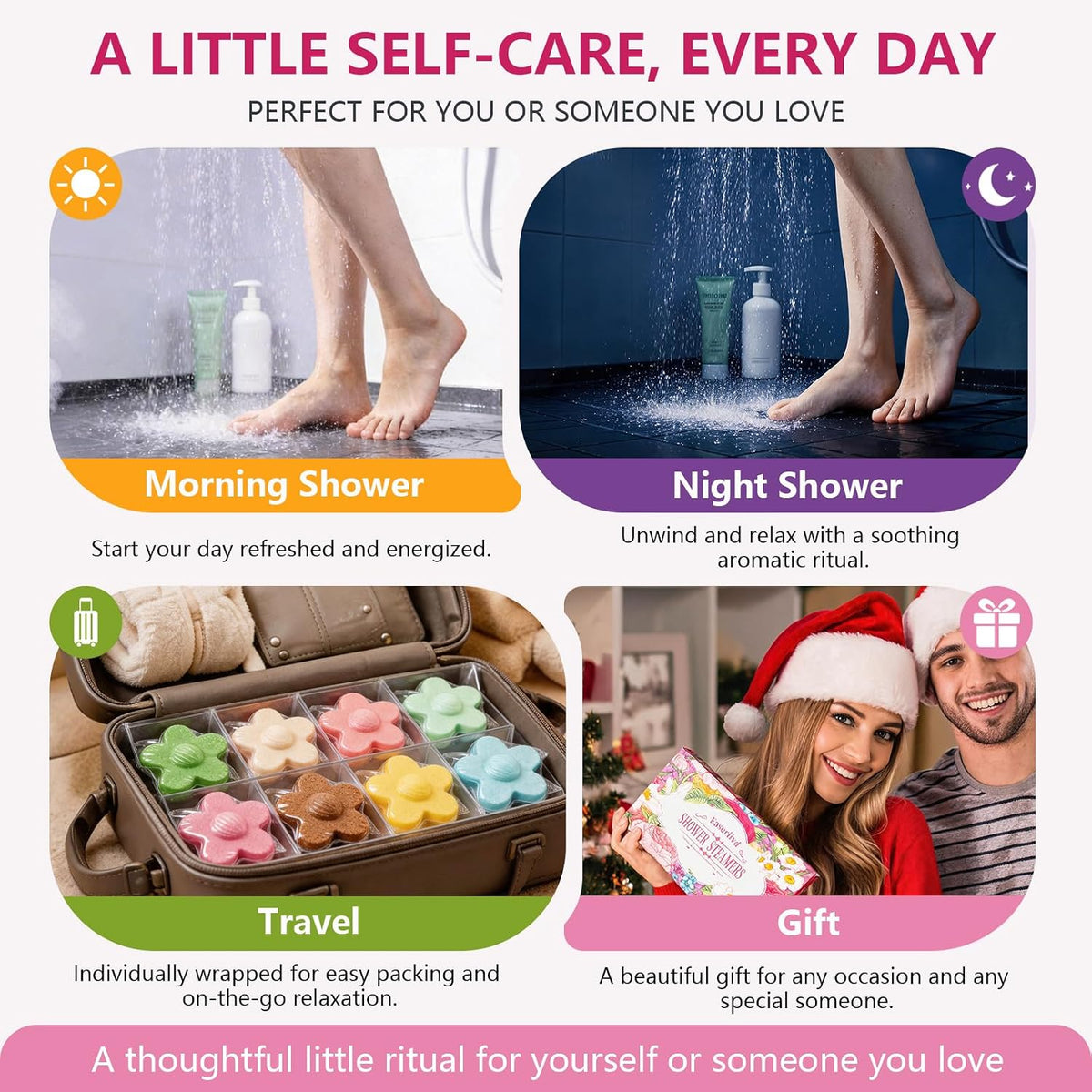 15-Pack Morning Aromatherapy Shower Steamers, 8 Assorted Scents, Shower Tablets with Essential Oils, Refreshing Self Care Shower Melts, Individually Wrapped