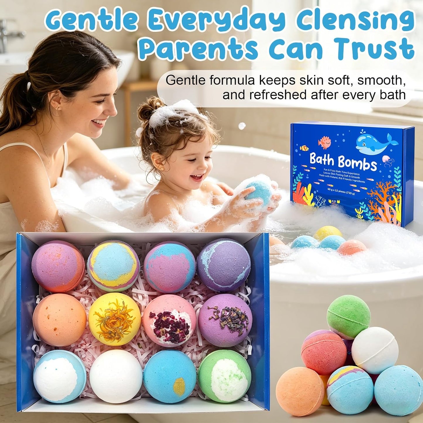 12 Pack Bath Bomb Gift Set - Large 2.1oz / 60g Shea Butter Spa Fizzies with Hidden Surprise Inside - Mineral-Rich Non-Staining Moisturizing Formula for Adults