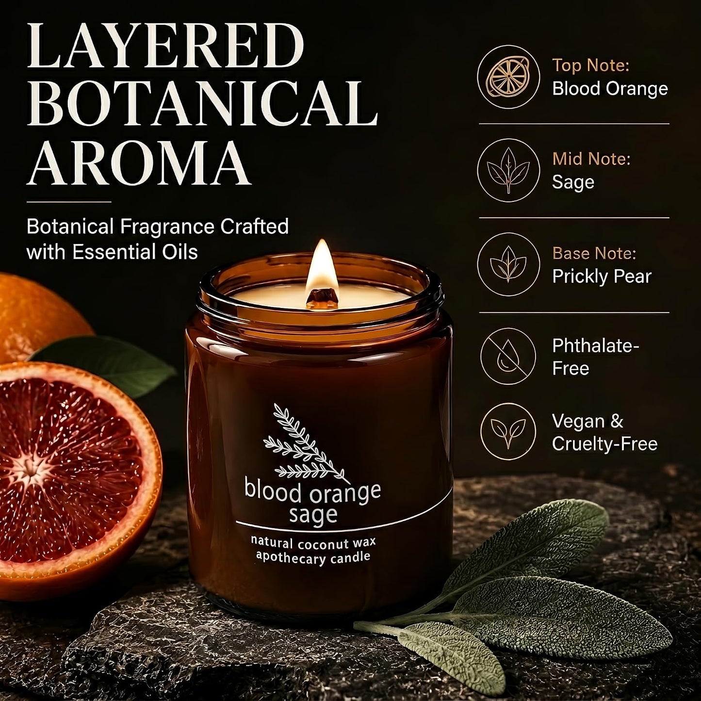 Hemlock Park Blood Orange Sage Apothecary Scented Candle | Crackling Wood Wick, Botanical Fragrance & Coconut Apricot Wax | Up to 60 Hour Burn Time | 8 oz | Made in USA