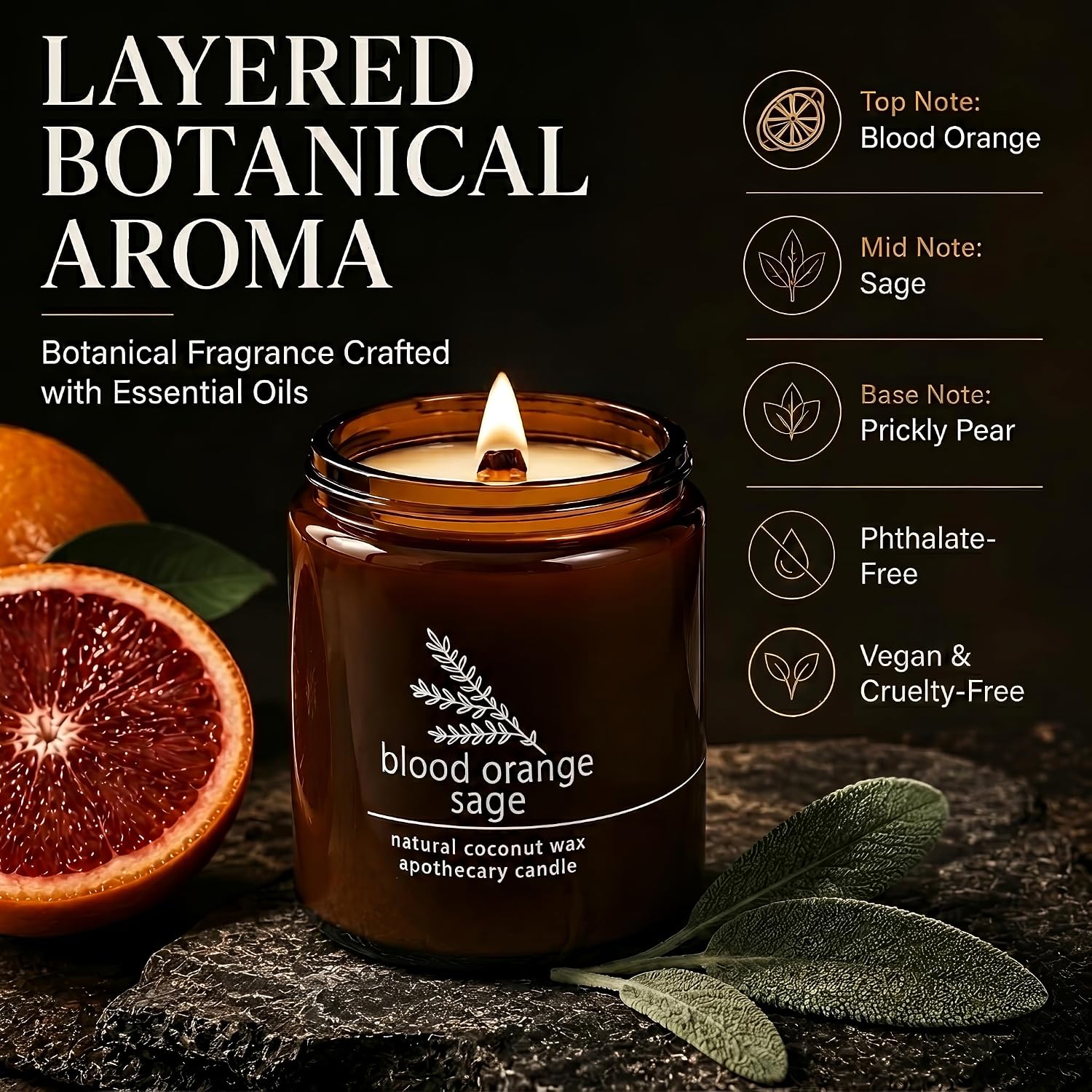 Hemlock Park Blood Orange Sage Apothecary Scented Candle | Crackling Wood Wick, Botanical Fragrance & Coconut Apricot Wax | Up to 60 Hour Burn Time | 8 oz | Made in USA