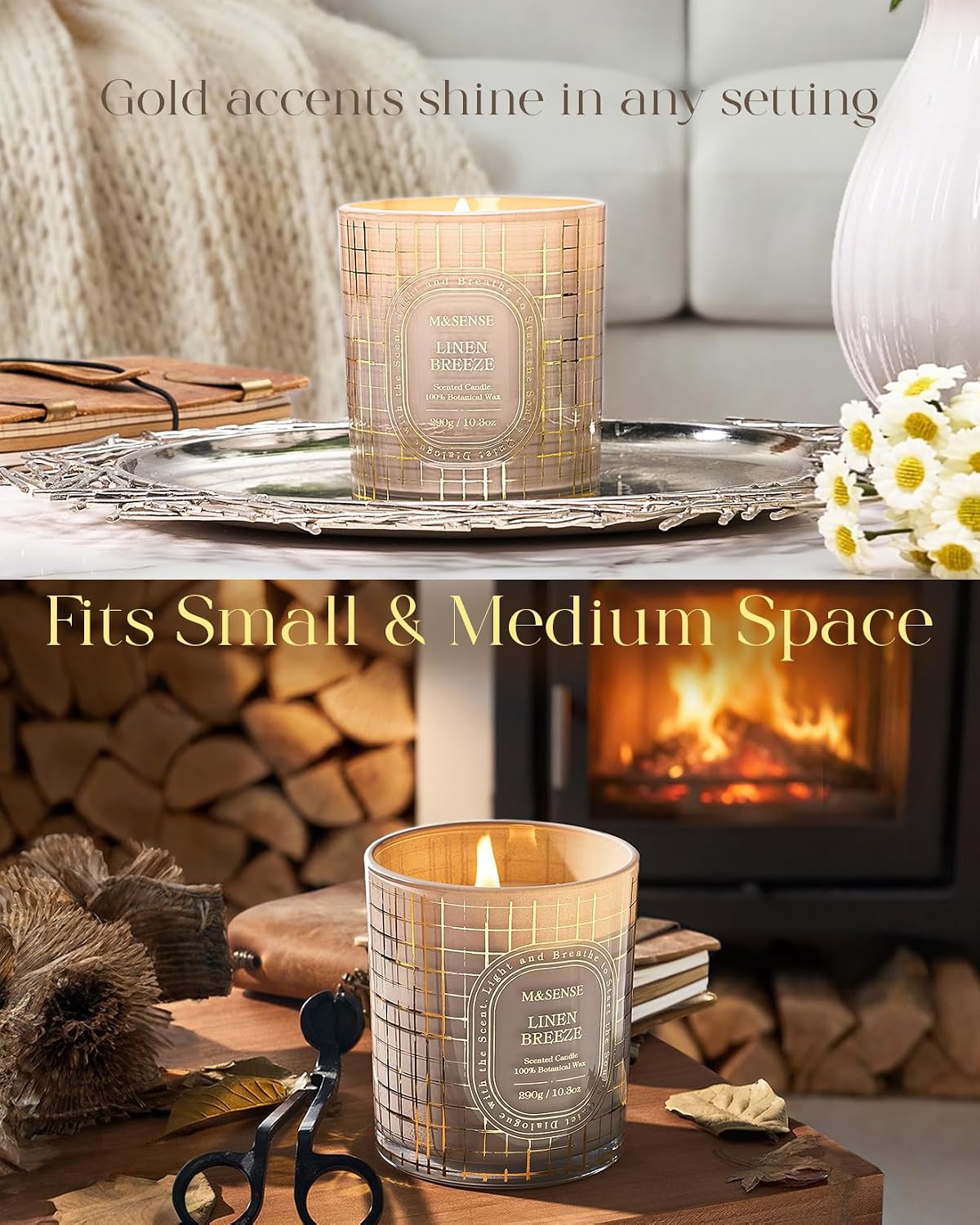 M&SENSE Fresh Linen Soy Candle 10.3oz Golden Stamped | Non-toxic, 55H Slow Burn, Clean Cotton Summer Scented, Laundry Room & Bathroom Freshener