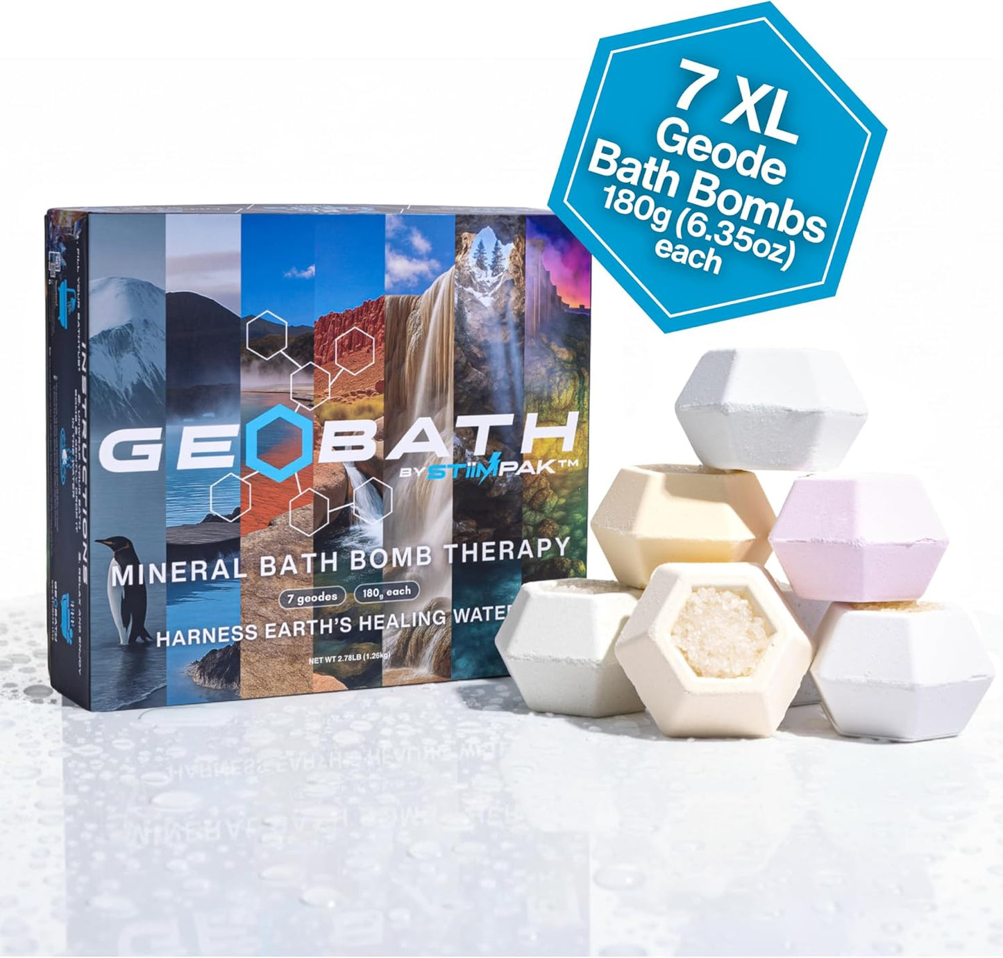 Magnesium & Epsom Salt Natural Mineral Bath Bombs | XL 180g | Skin Care & Muscle Relief Bath Soak Inspired by the World’s Healing Hot Springs | Dye & Fragrance Free | GeoBath (7 Pack)