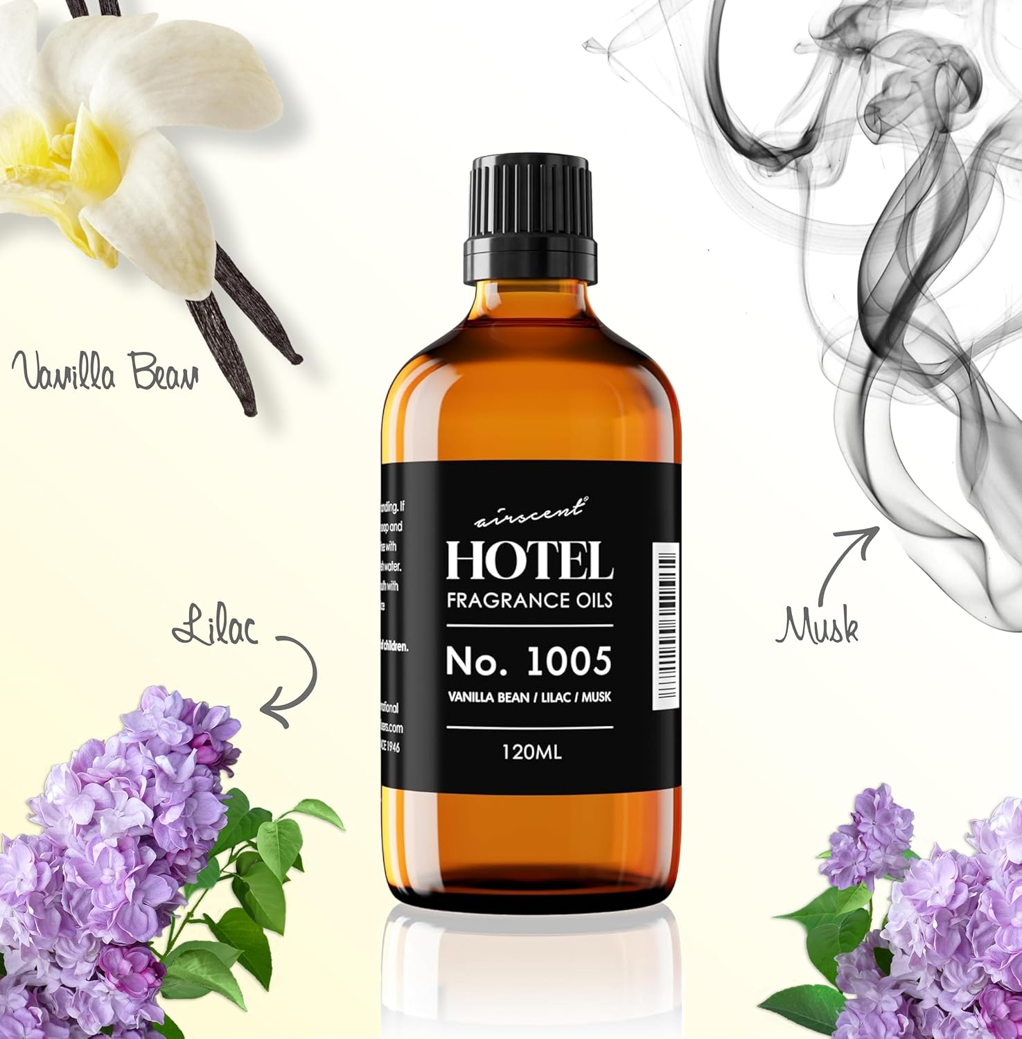 AirScent Hotel Diffuser Oil No. 1005 - Vanilla Bean Lilac Sandalwood - Hotel Scent Dupe - Premium Fragrance Oil for Ultrasonic and Waterless Diffusers and Crafting - 10 mL, .34 fl oz Glass Bottle