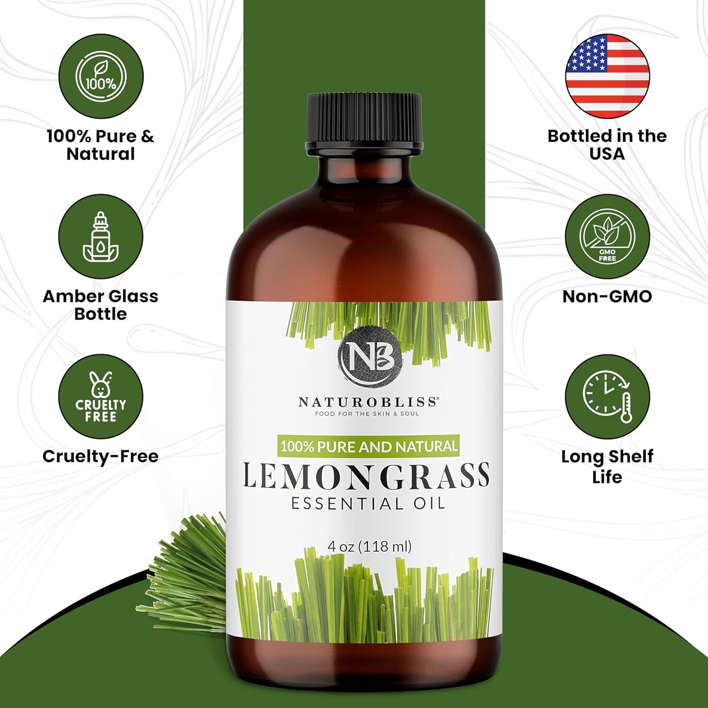 NaturoBliss 100% Pure Lemongrass Essential Oil Therapeutic Grade Premium Quality (4 fl. oz) with Glass Dropper, Perfect for Aromatherapy