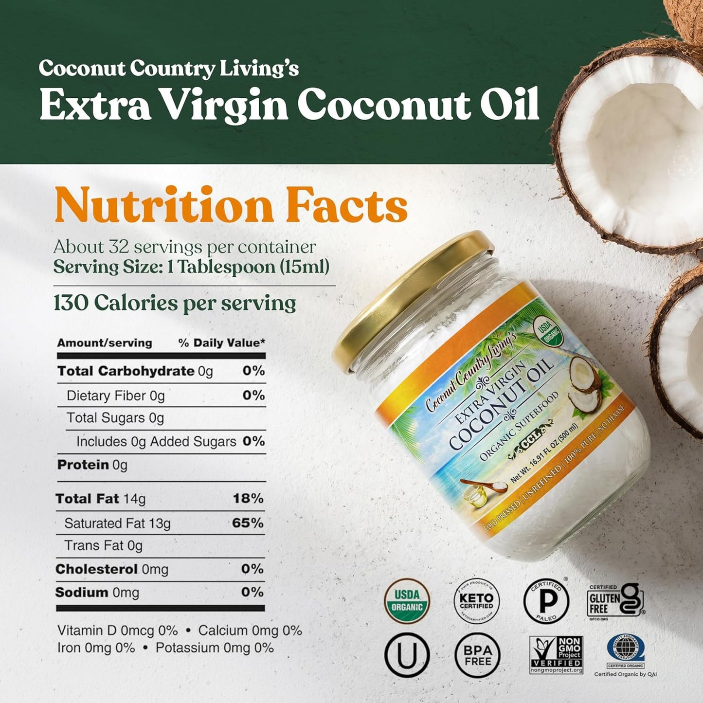 Organic Extra Virgin Coconut Oil - Unrefined Organic Cold Pressed | Ideal For Hair, Skin, Cooking, Body Massage, Beauty and Oil Pulling| Keto & Paleo Cooking Oil - 16.91 oz Coconut oil in Glass Jar