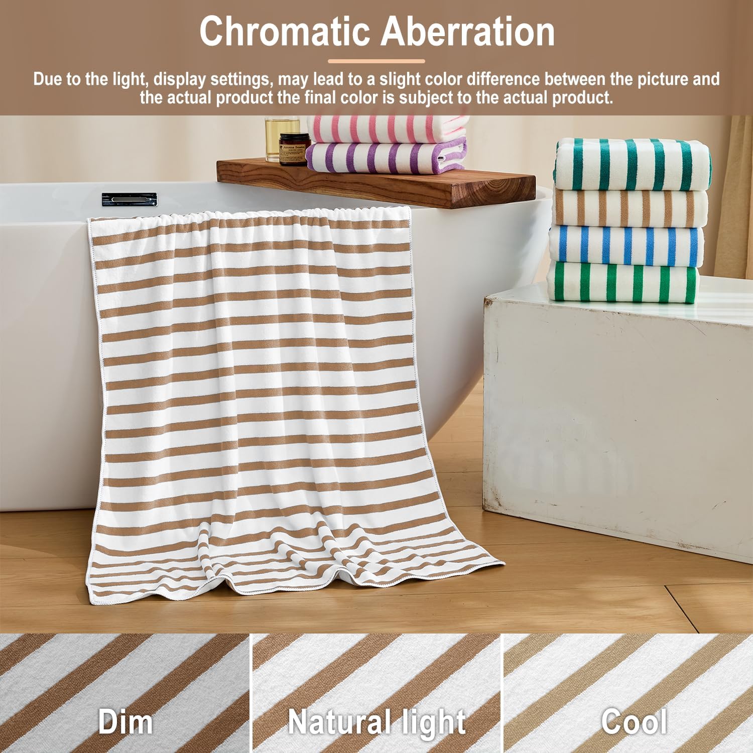 JML Microfiber Beach Towels Set, 6 Pack, 27" x 55", Cabana Stripe Coffee | Hanging Loop, Soft, Absorbent, Quick Dry, Lint-free, No Fading, For Swimming Pool Party