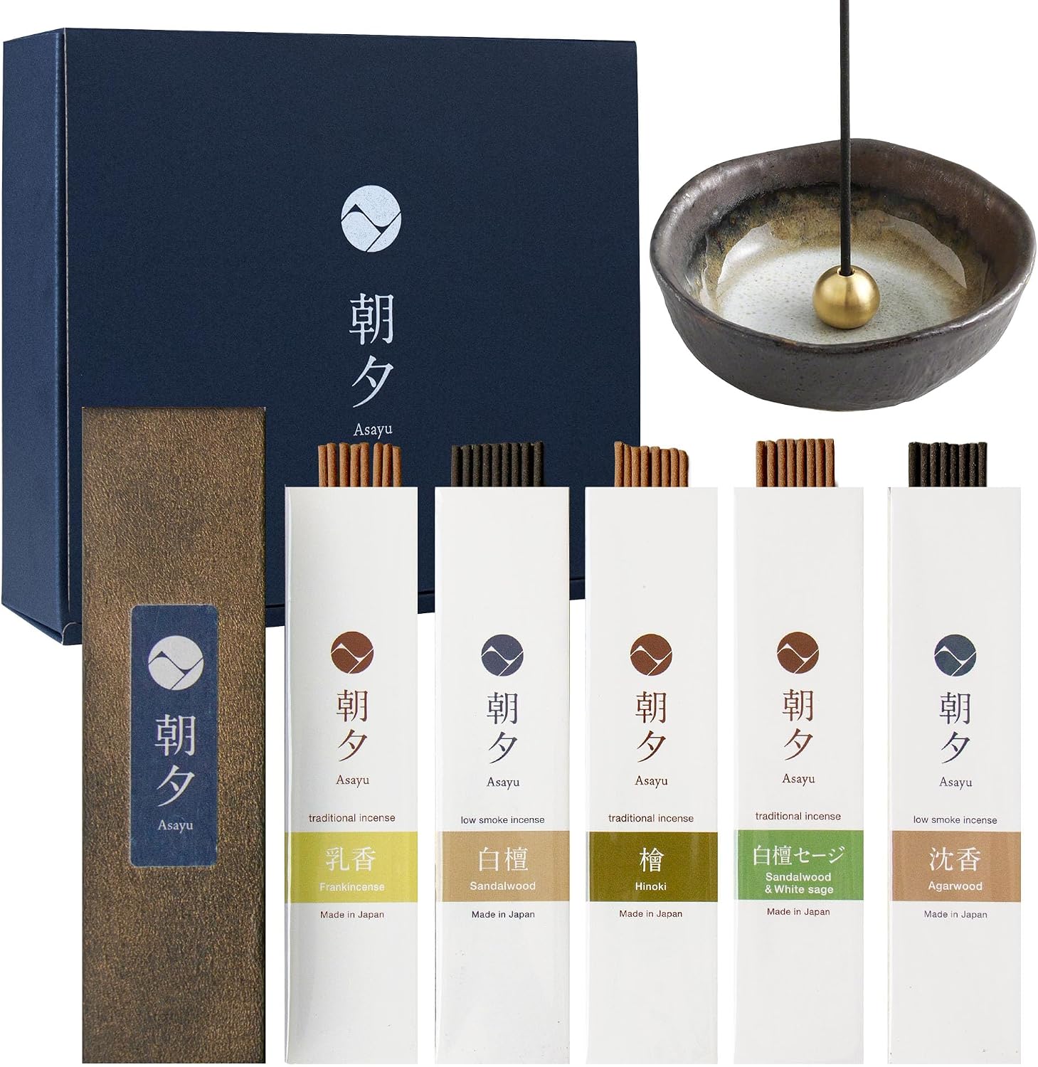 Asayu Japan Incense Gift Set - Natural Scent Collection - Ceramic Holder + 5 Authentic Japanese Incense Sticks (20g Each) - Made in Japan - for Yoga, Meditation & Relaxation